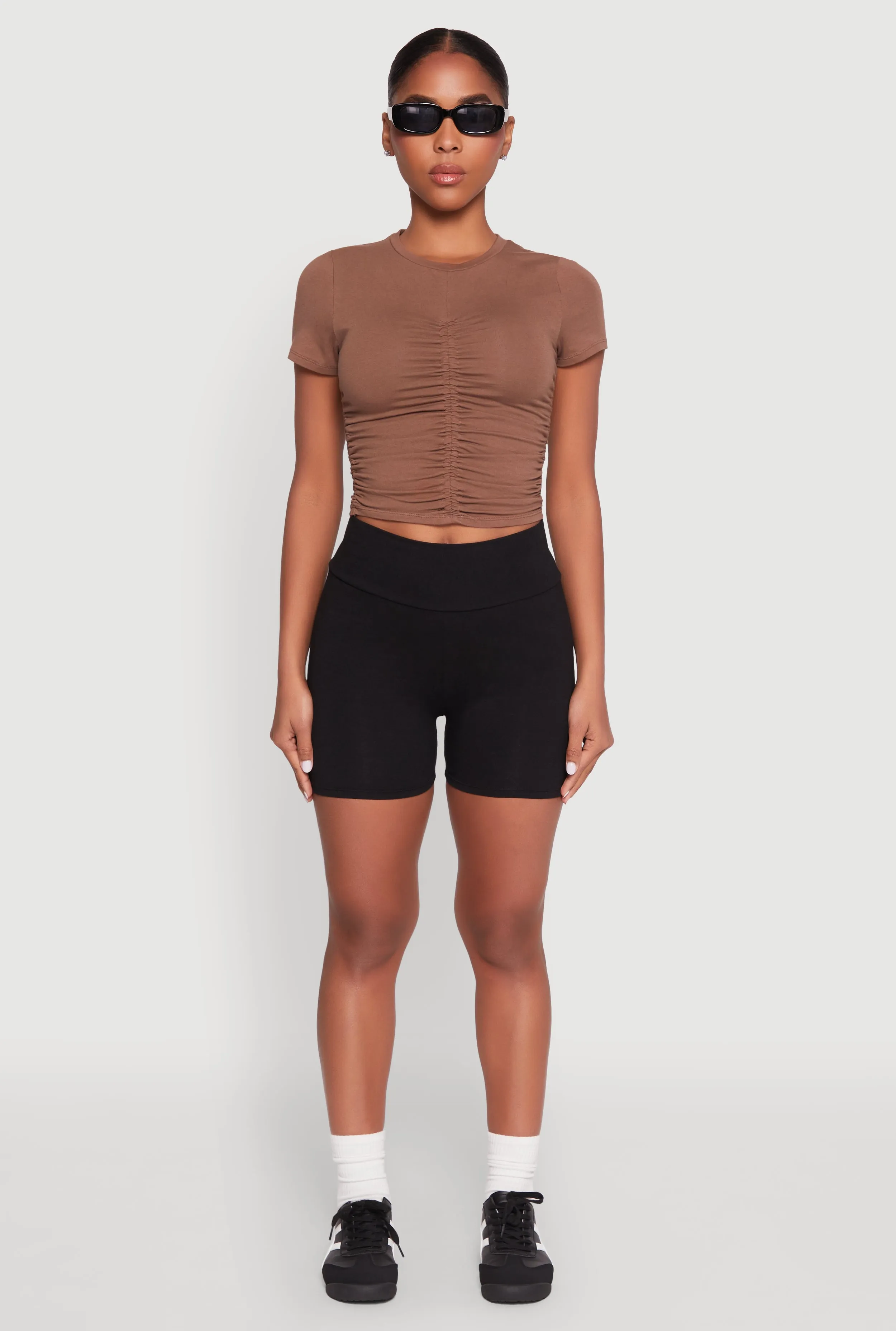 Ruched Crew Neck Cropped Tee sold by Rainbow