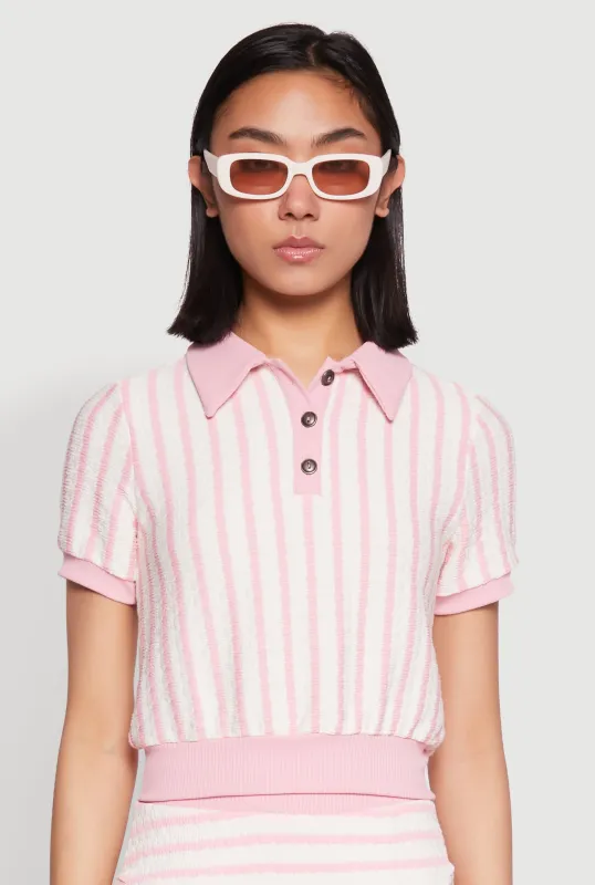 Textured Knit Striped Polo Shirt sold by Rainbow