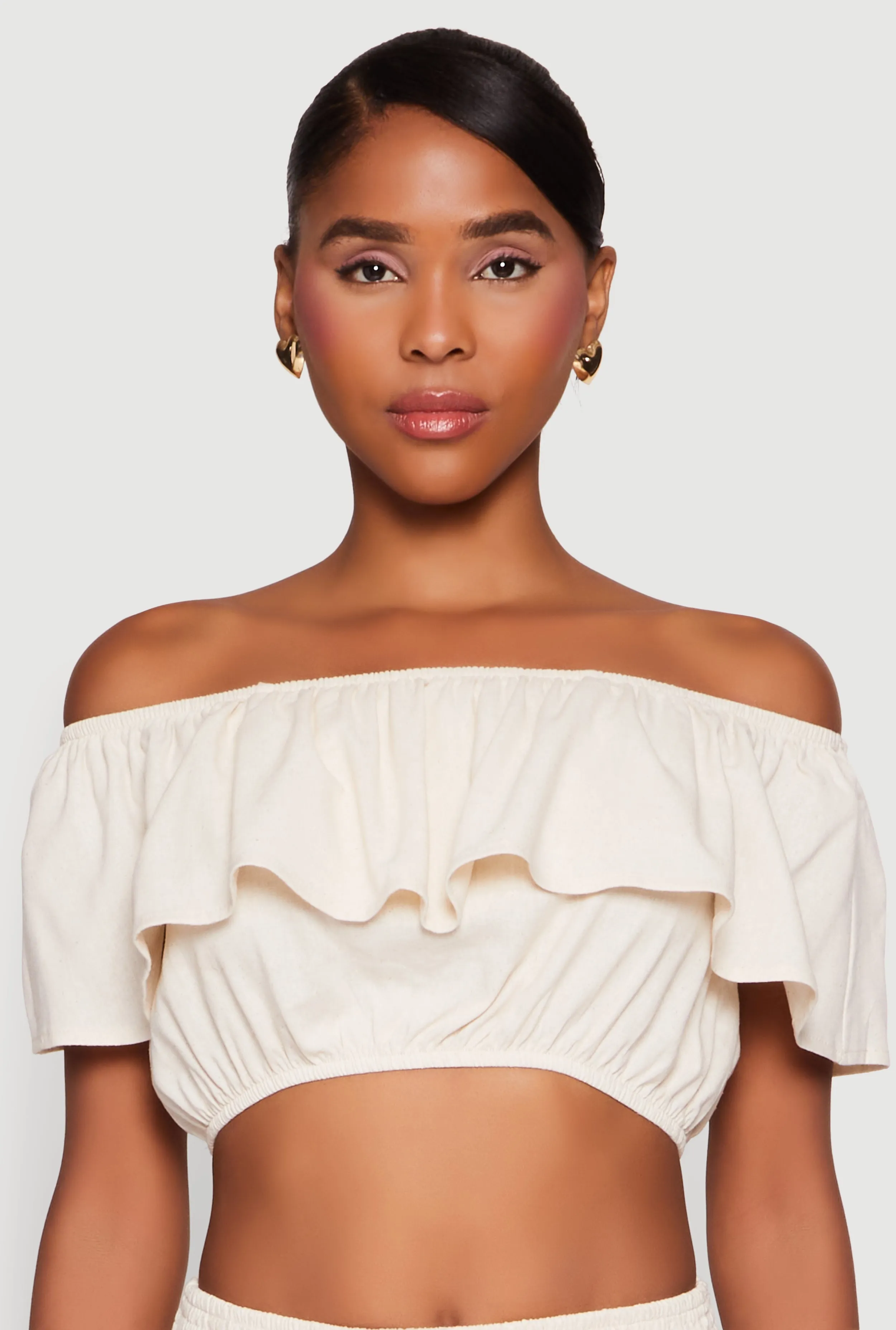 Almost Famous Ruffle Overlay Off the Shoulder Crop Top sold by Rainbow