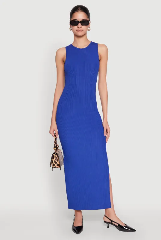 Crew Neck Rib Knit Side Slit Maxi Dress sold by Rainbow