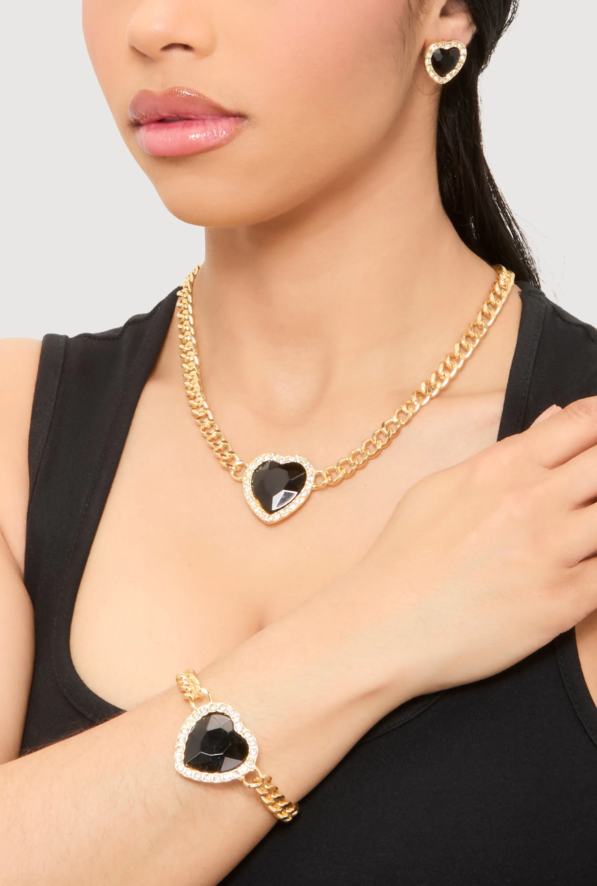 Cubic Zirconia Heart Charm Necklace and Bracelet with Stud Earrings sold by Rainbow product image thumbnail 2