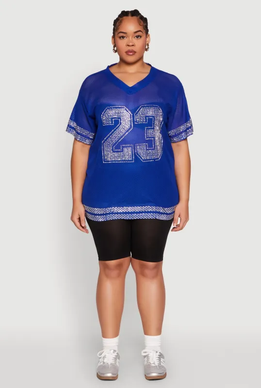 Plus Size Rhinestone Varsity Stripe Mesh Jersey sold by Rainbow
