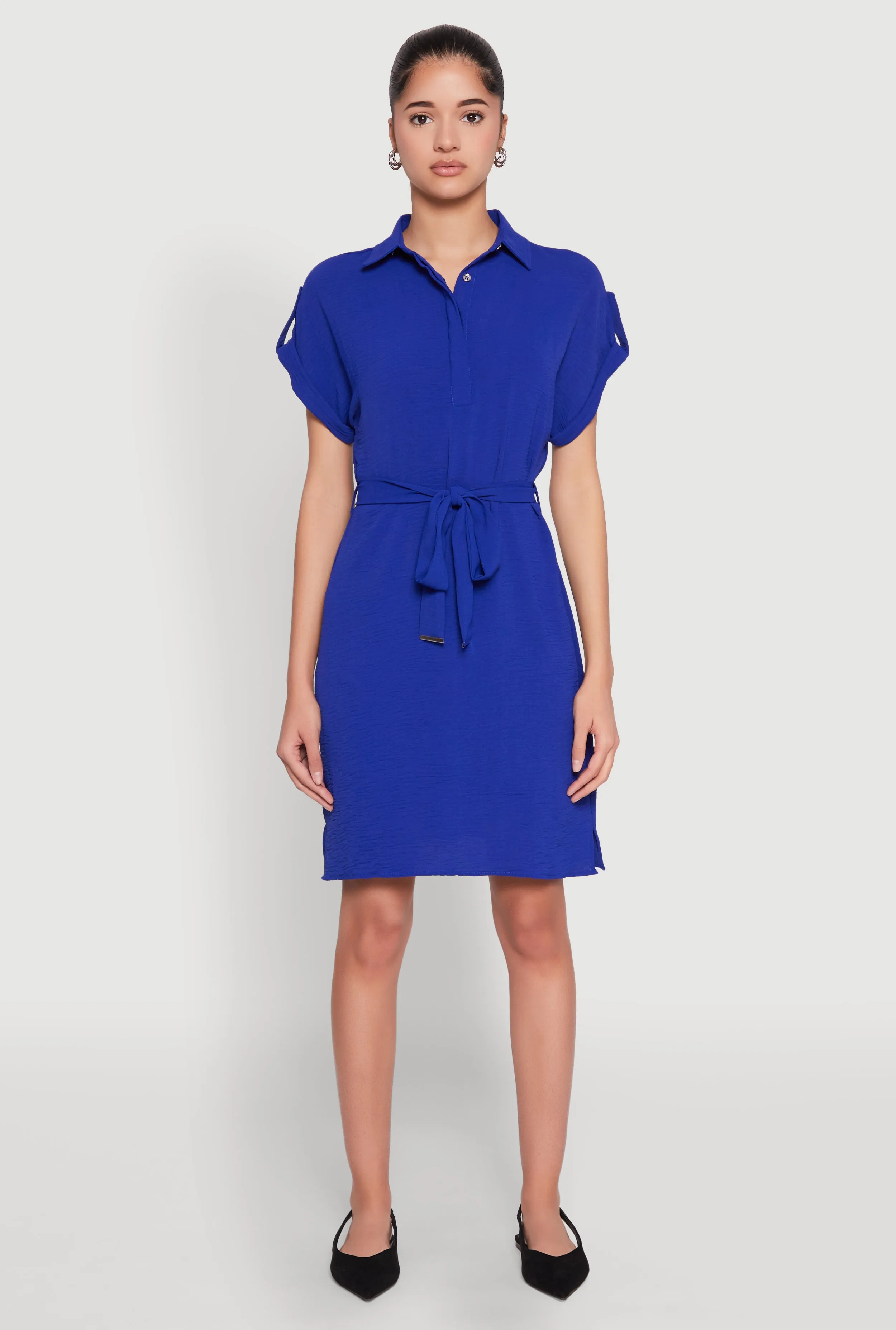 Crepe Knit Tie Waist Belted Shirt Dress sold by Rainbow product image thumbnail 2