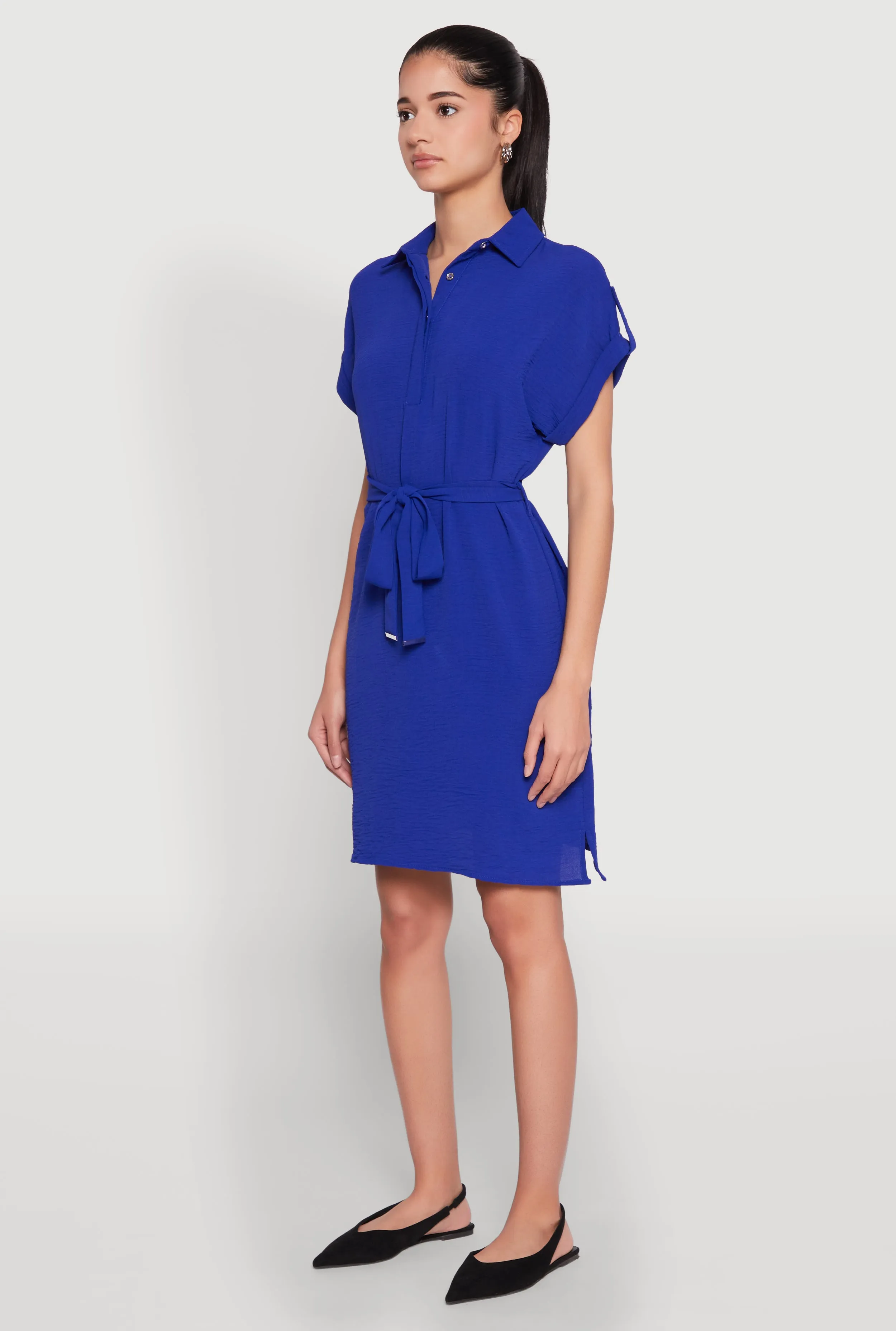Crepe Knit Tie Waist Belted Shirt Dress sold by Rainbow product image thumbnail 3