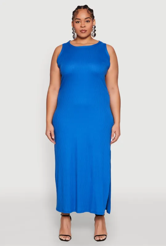 Plus Size Ribbed Knit Side Slit Maxi Tank Dress sold by Rainbow