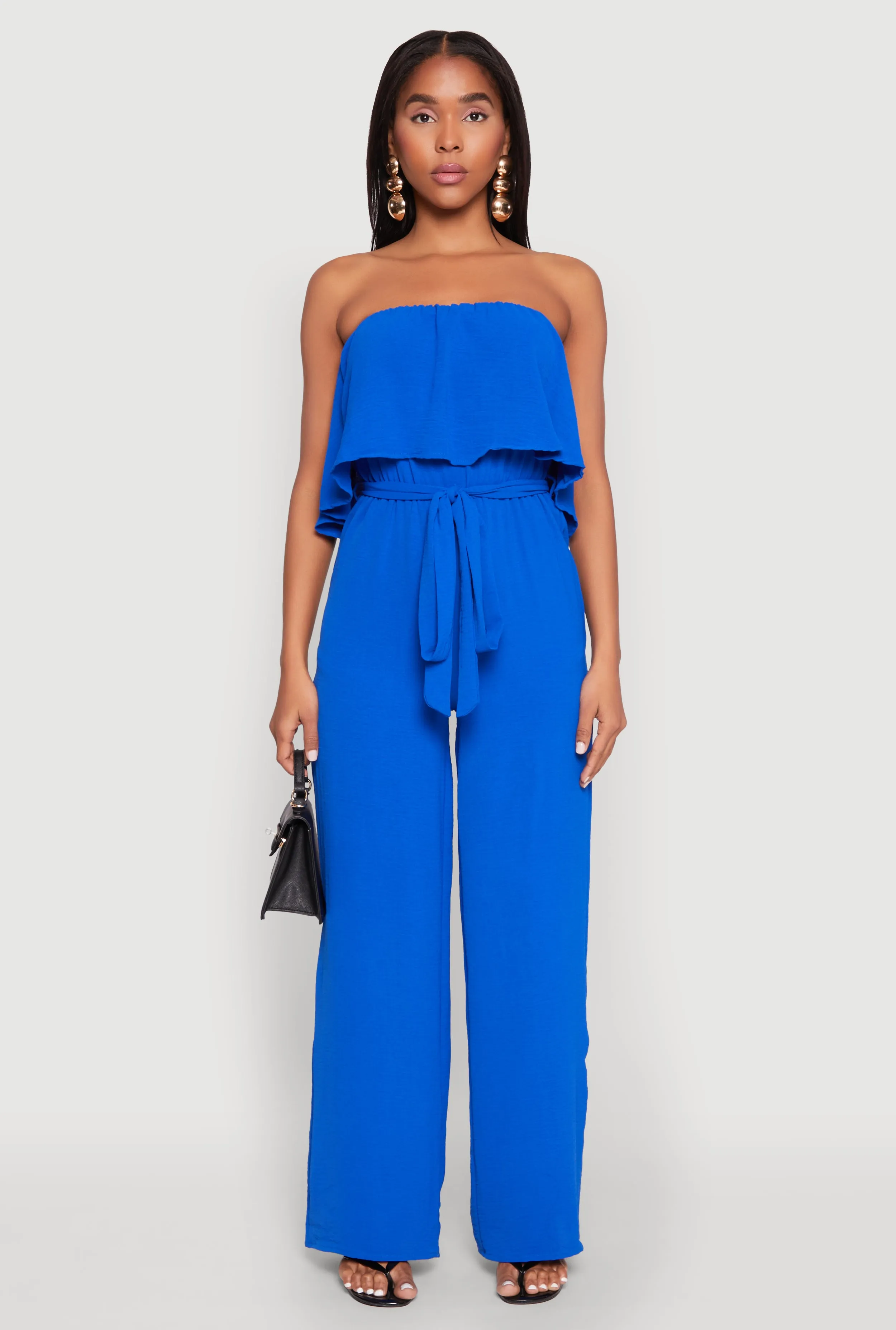 Crepe Knit Ruffle Overlay Tie Waist Jumpsuit sold by Rainbow