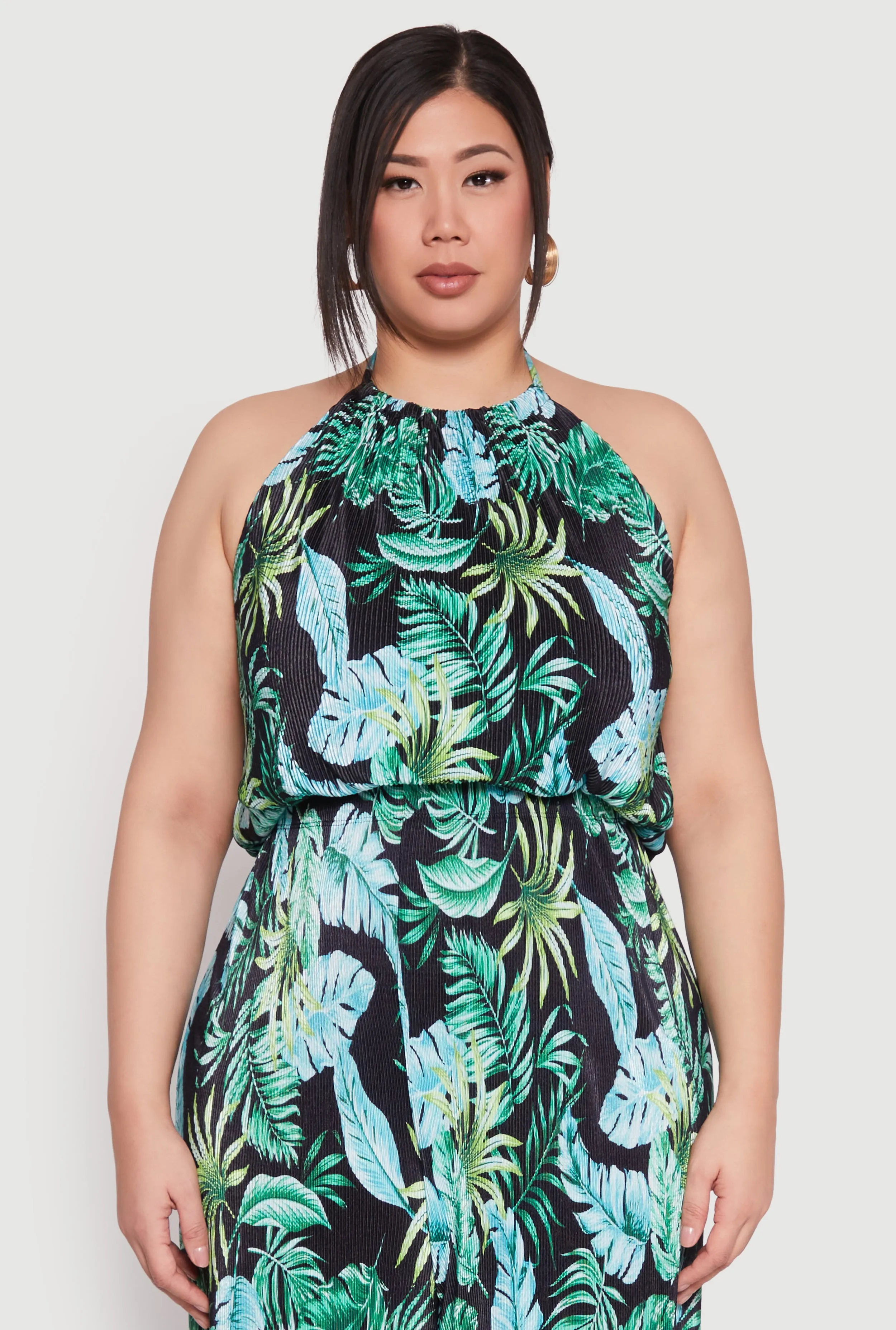 Plus Size Almost Famous Tropical Print Halter Crop Top sold by Rainbow