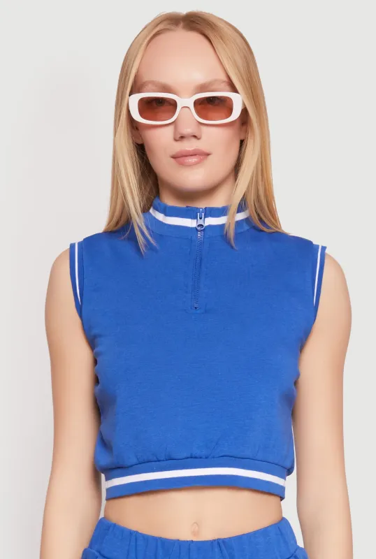Striped Trim Sleeveless Half Zip Top sold by Rainbow