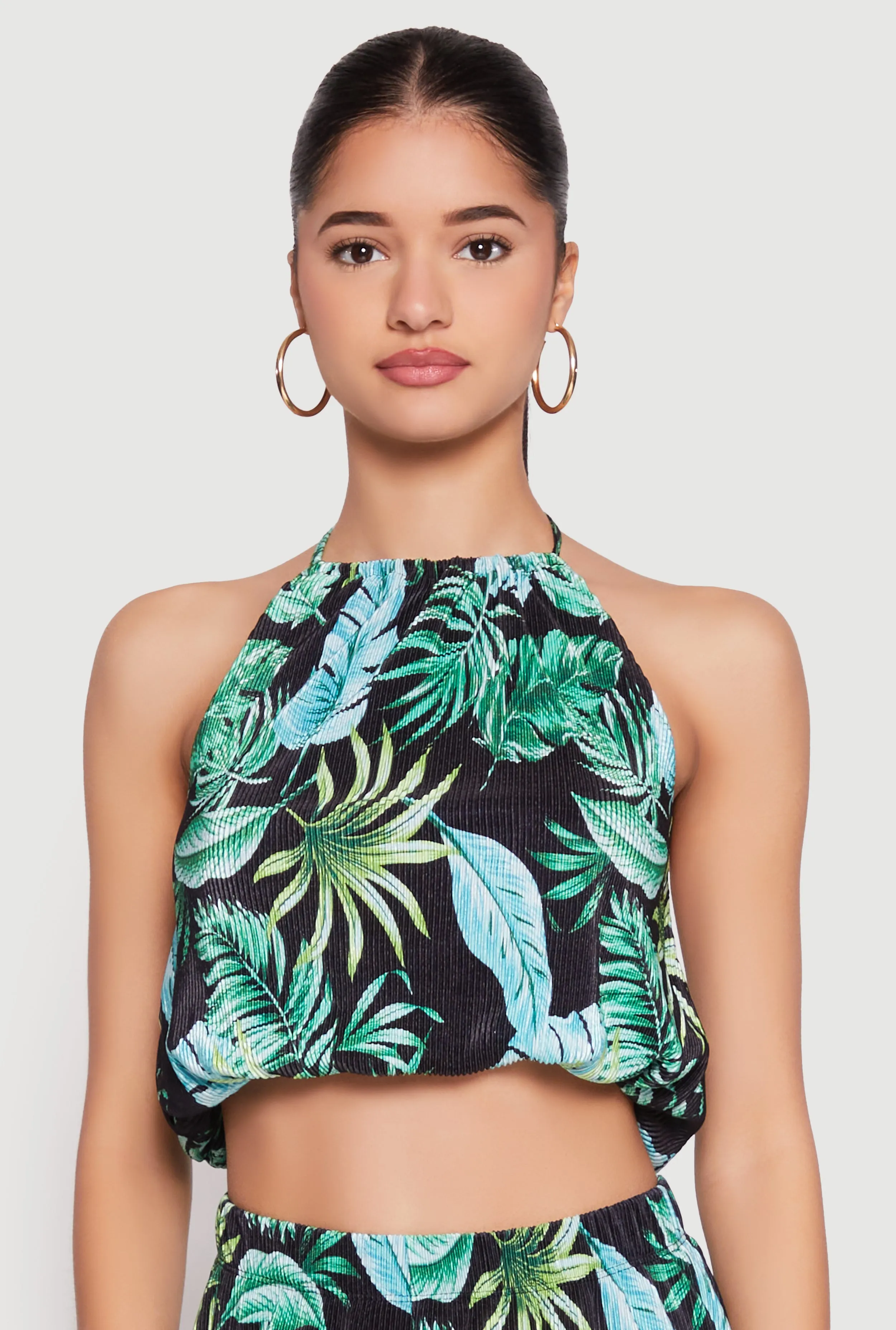 Almost Famous Plisse Tropical Print Halter Crop Top sold by Rainbow
