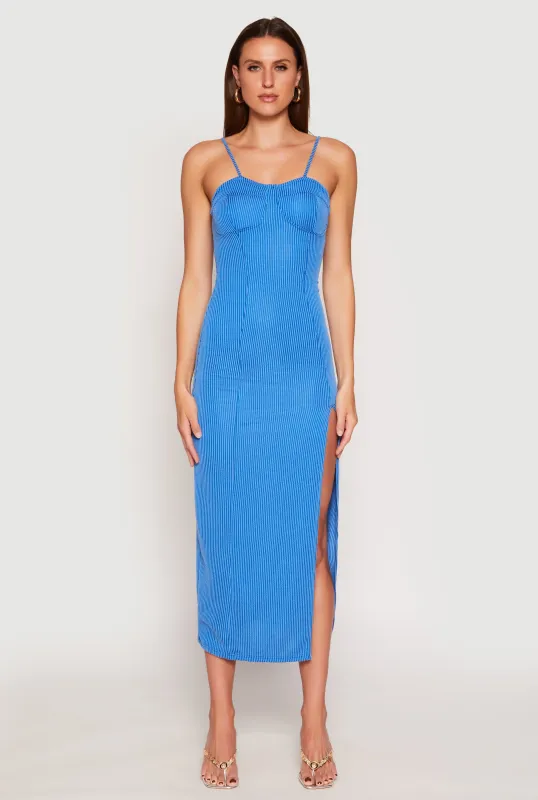 Ribbed Knit Side Slit Bustier Maxi Dress sold by Rainbow