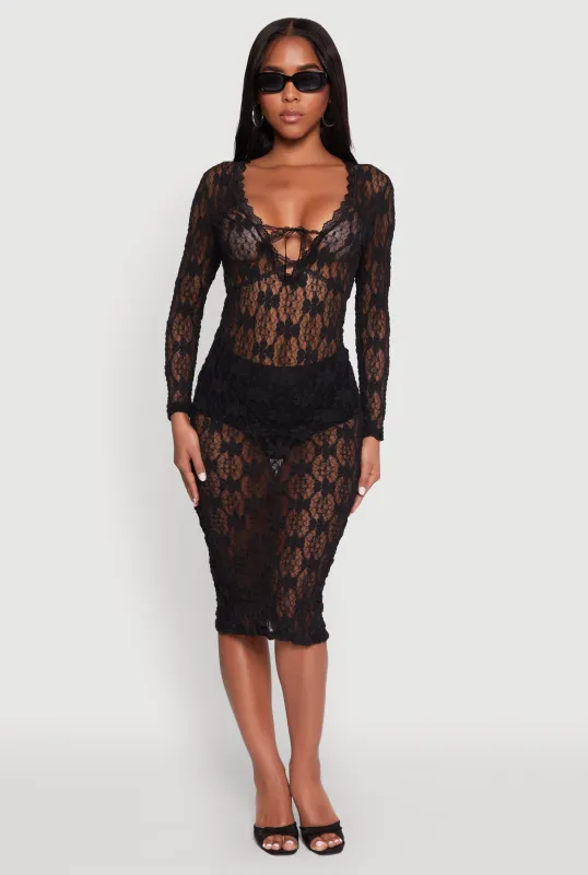Floral Lace Tie Front Plunge Midi Dress sold by Rainbow