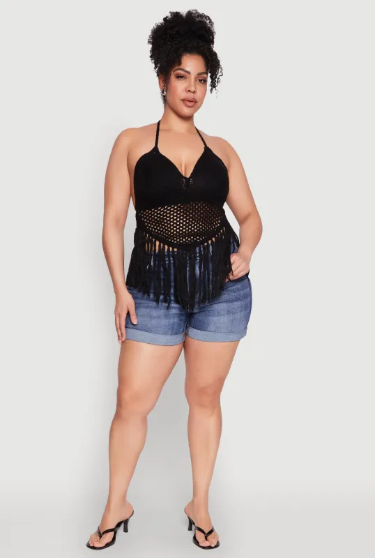 Plus Size Tie Back Crochet Fringe Halter Top sold by Rainbow