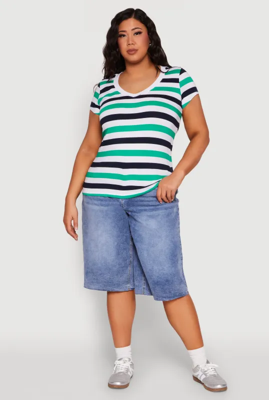 Plus Size Striped V Neck Tee sold by Rainbow