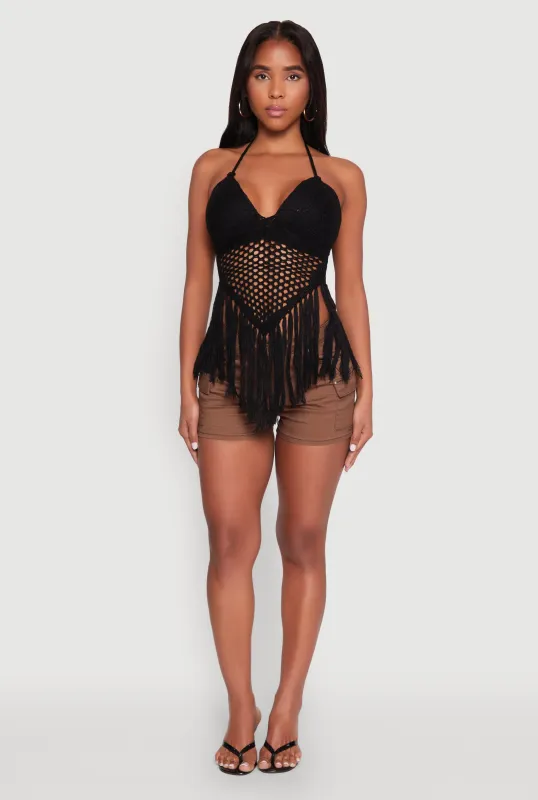 Tie Back Crochet Fringe Halter Top sold by Rainbow
