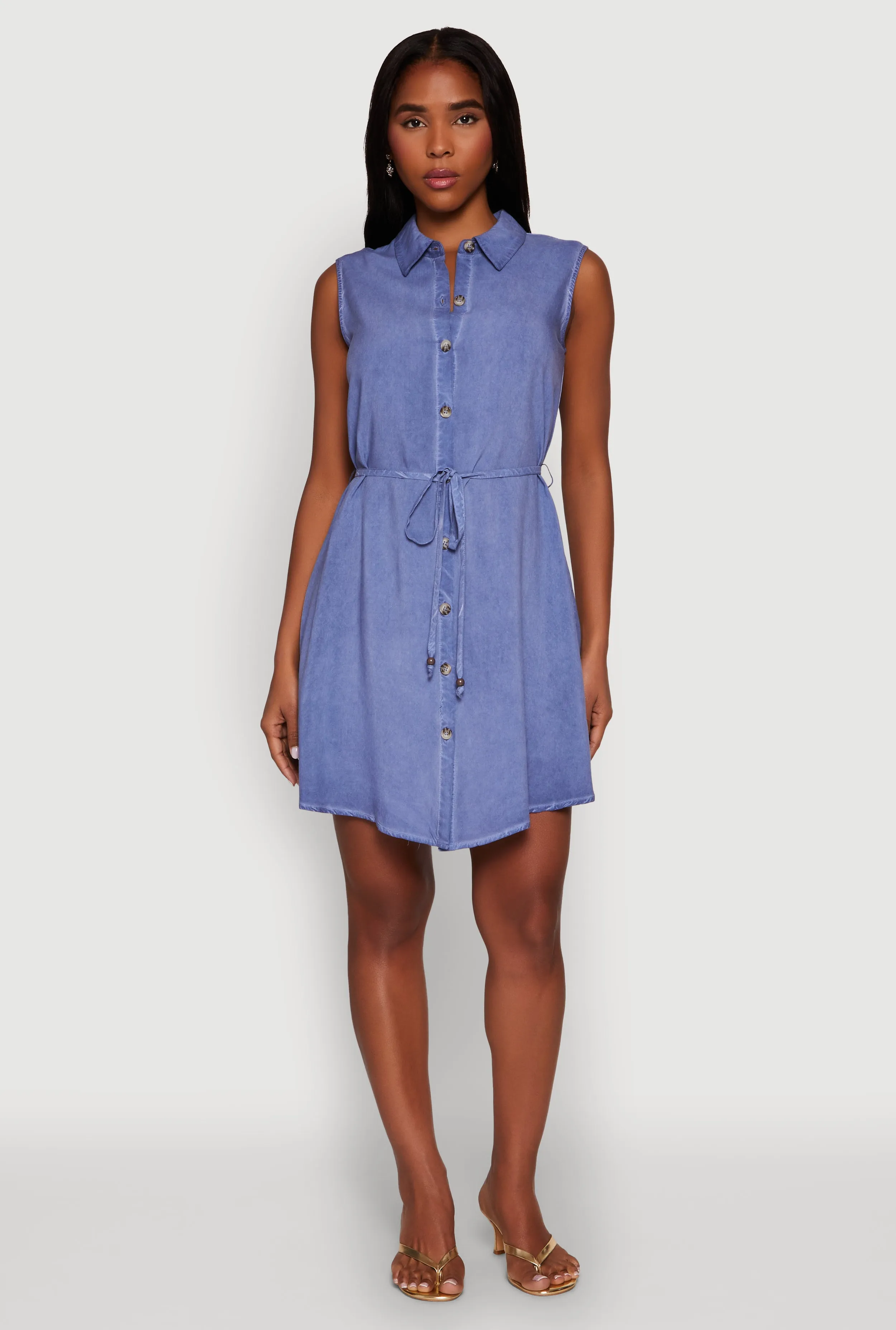 Tie Waist Belted Sleeveless Shirt Dress sold by Rainbow