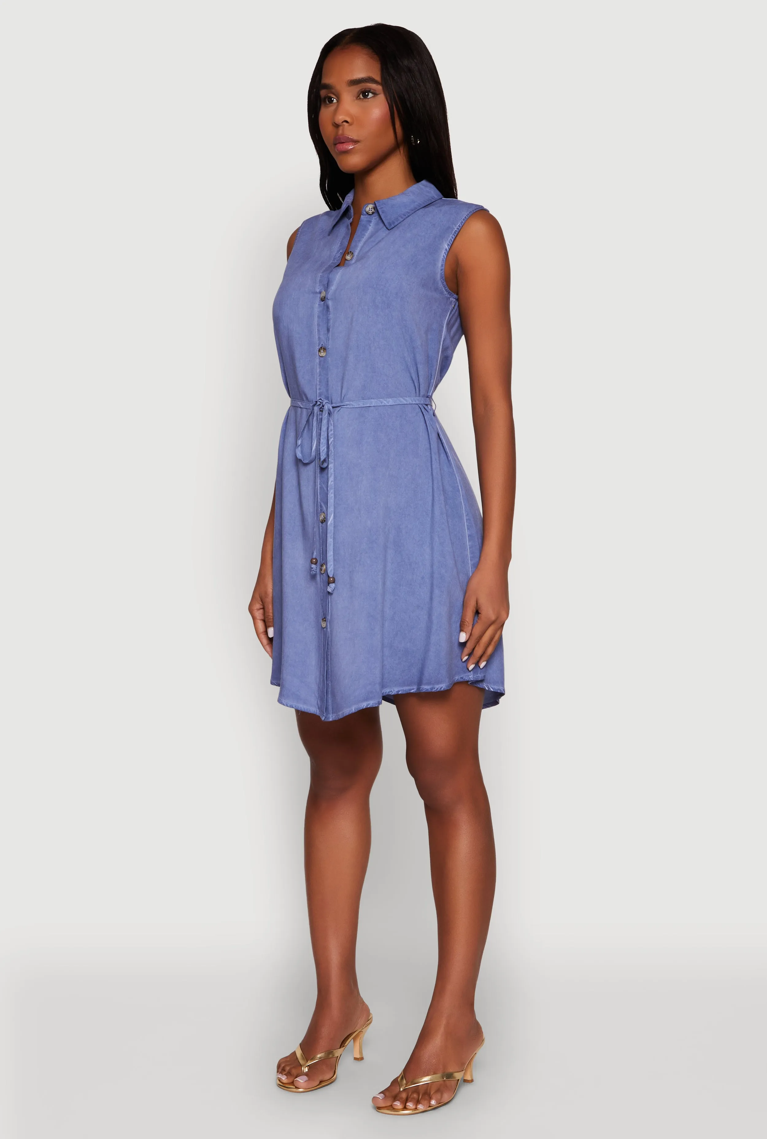 Tie Waist Belted Sleeveless Shirt Dress sold by Rainbow product image thumbnail 3
