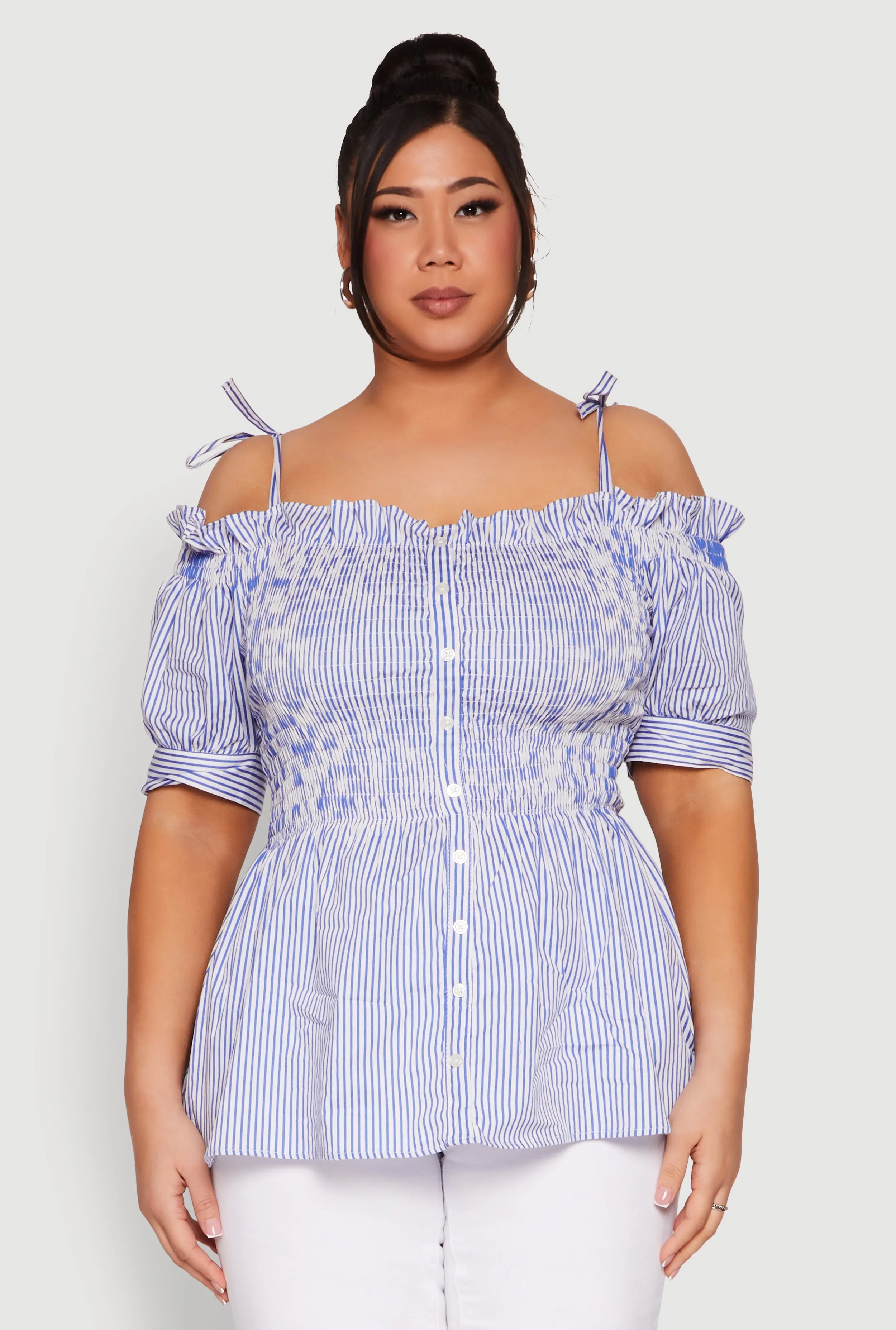 Plus Size Striped Tie Strap Cold Shoulder Blouse sold by Rainbow product image thumbnail 2