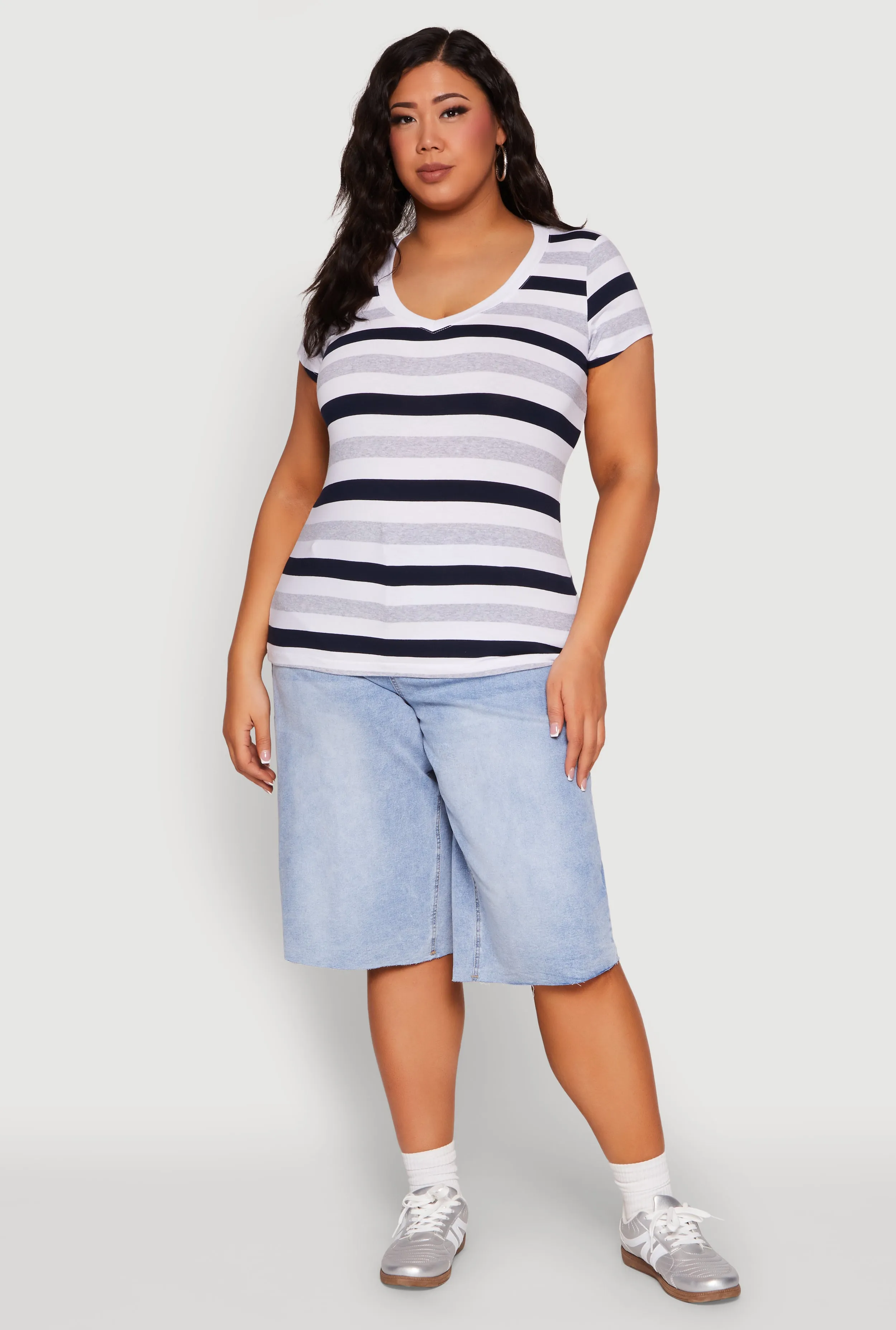 Plus Size Striped V Neck Tee sold by Rainbow