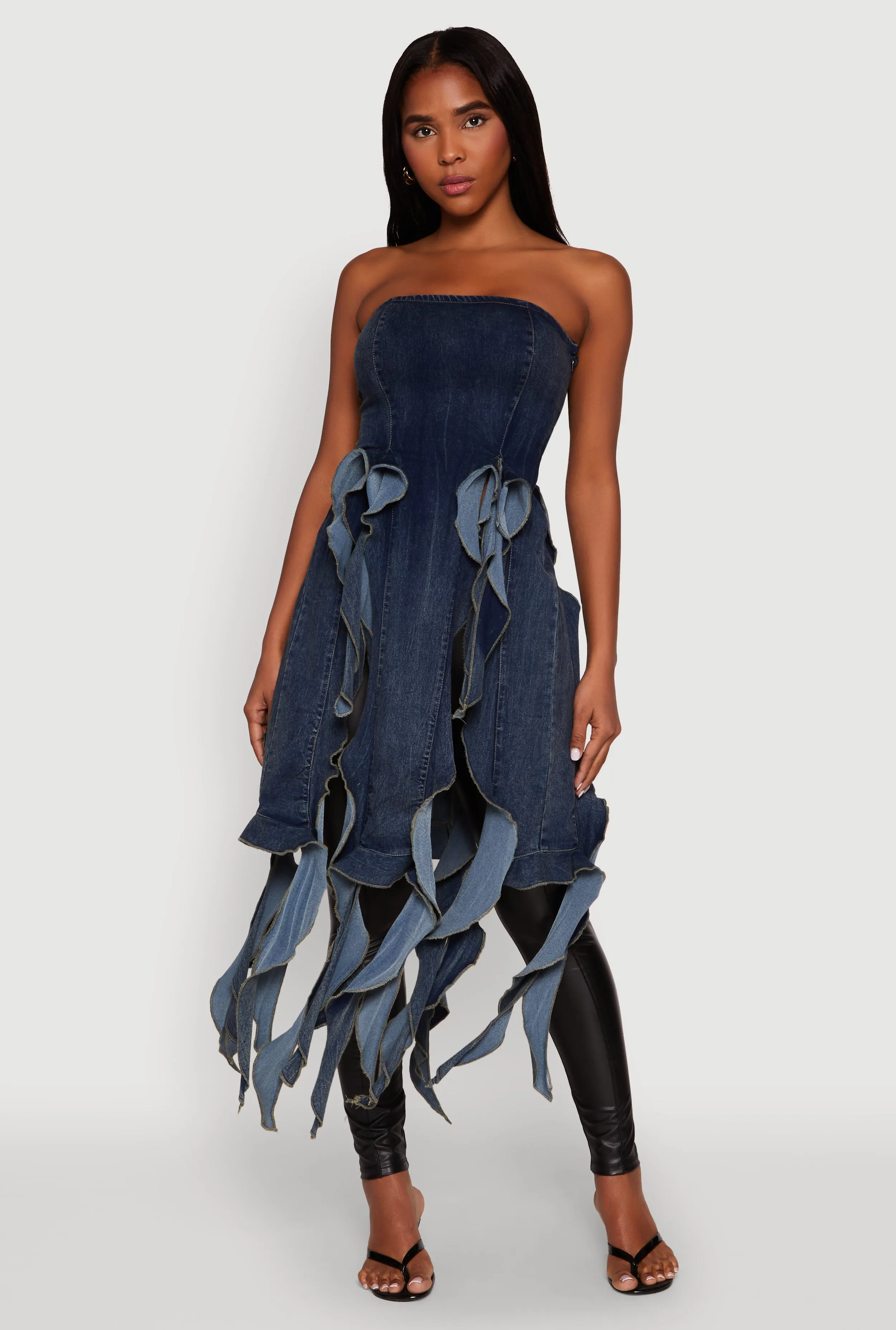 Ruffle Fringe Strapless Denim Maxi Top sold by Rainbow