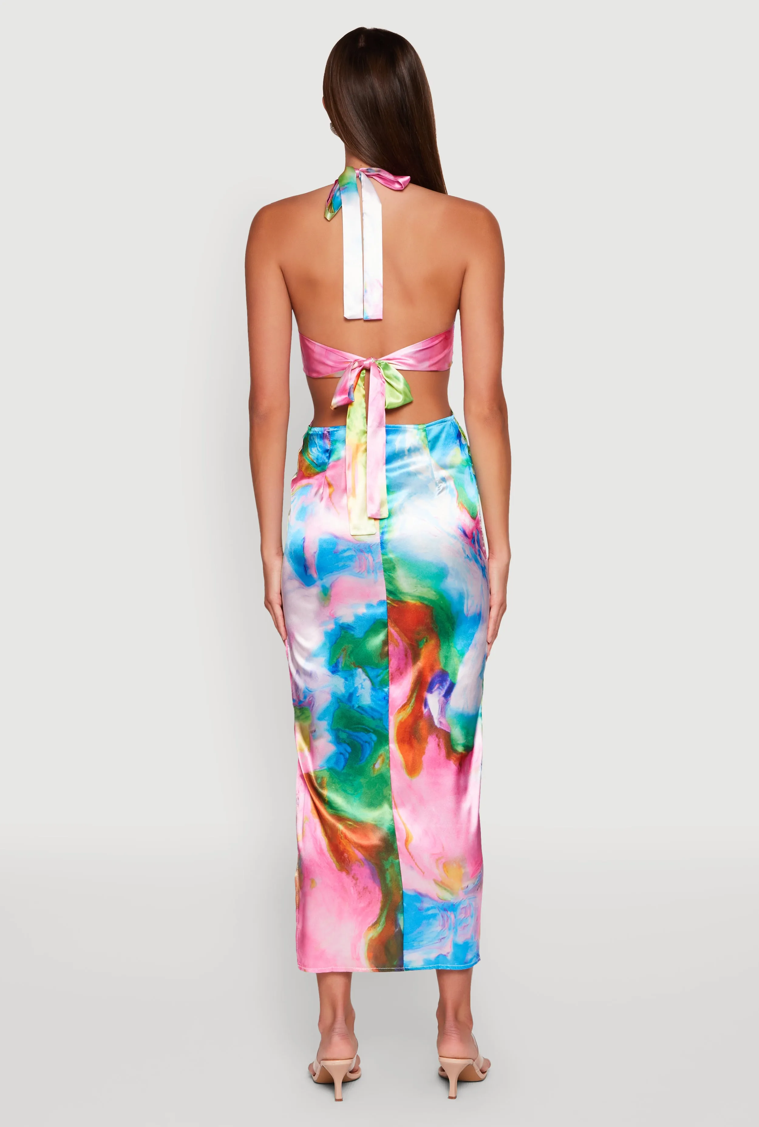 Tie Dye Satin Keyhole Halter Maxi Dress sold by Rainbow product image thumbnail 5