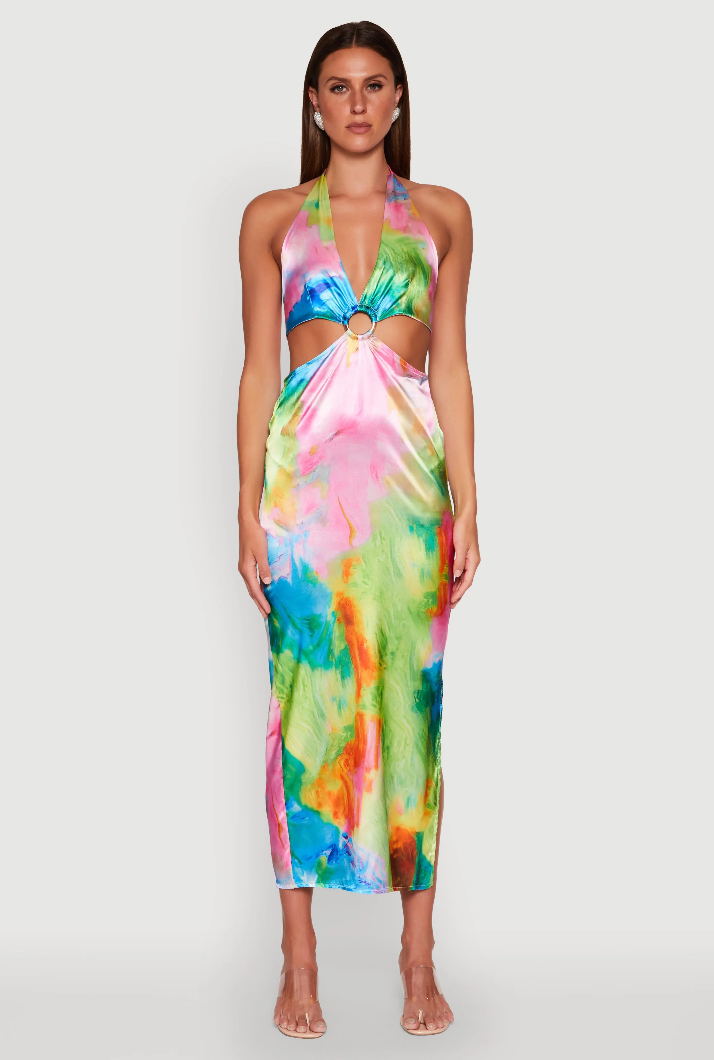 Tie Dye Satin Keyhole Halter Maxi Dress sold by Rainbow product image thumbnail 2