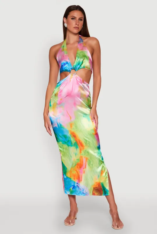 Tie Dye Satin Keyhole Halter Maxi Dress sold by Rainbow