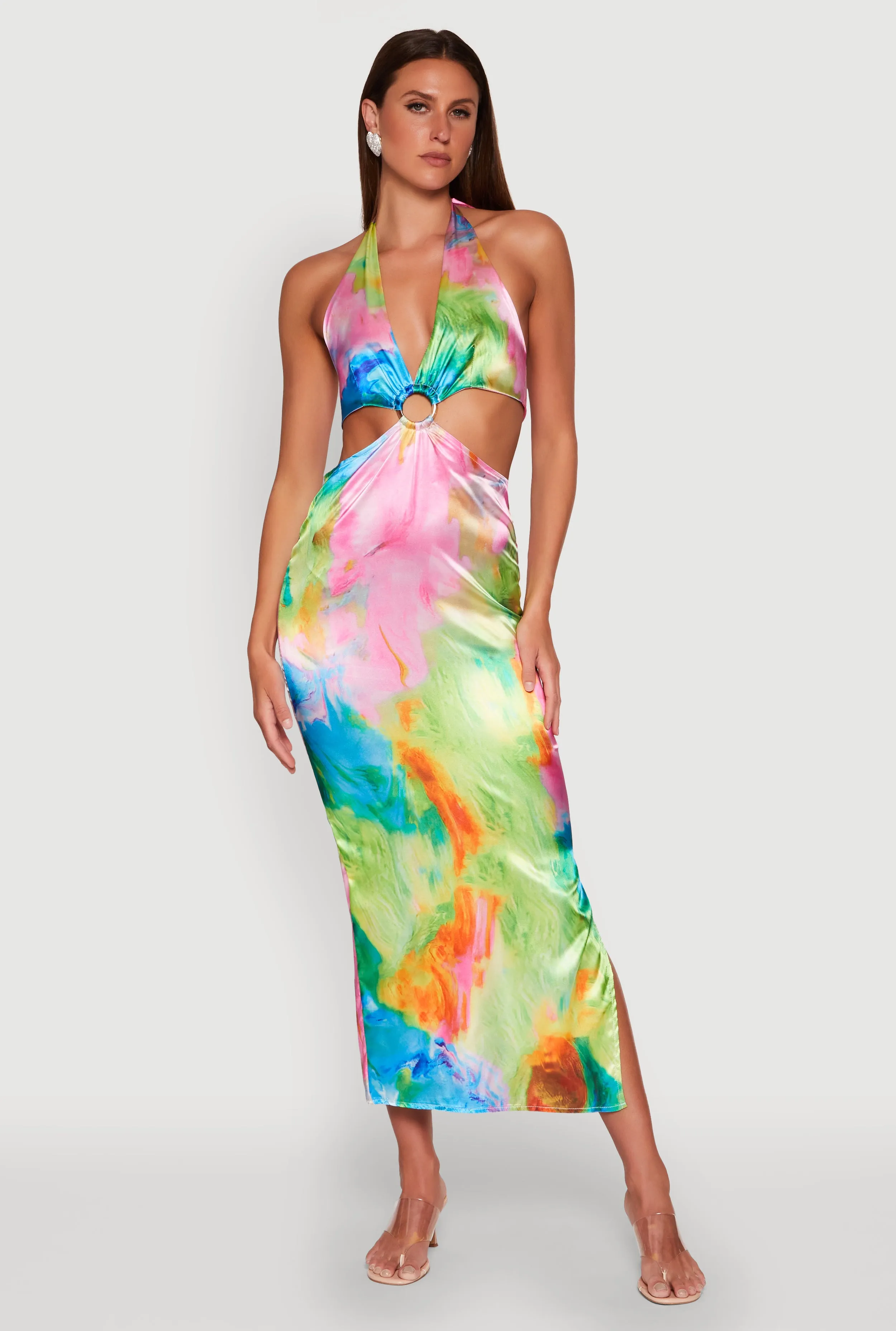 Tie Dye Satin Keyhole Halter Maxi Dress sold by Rainbow