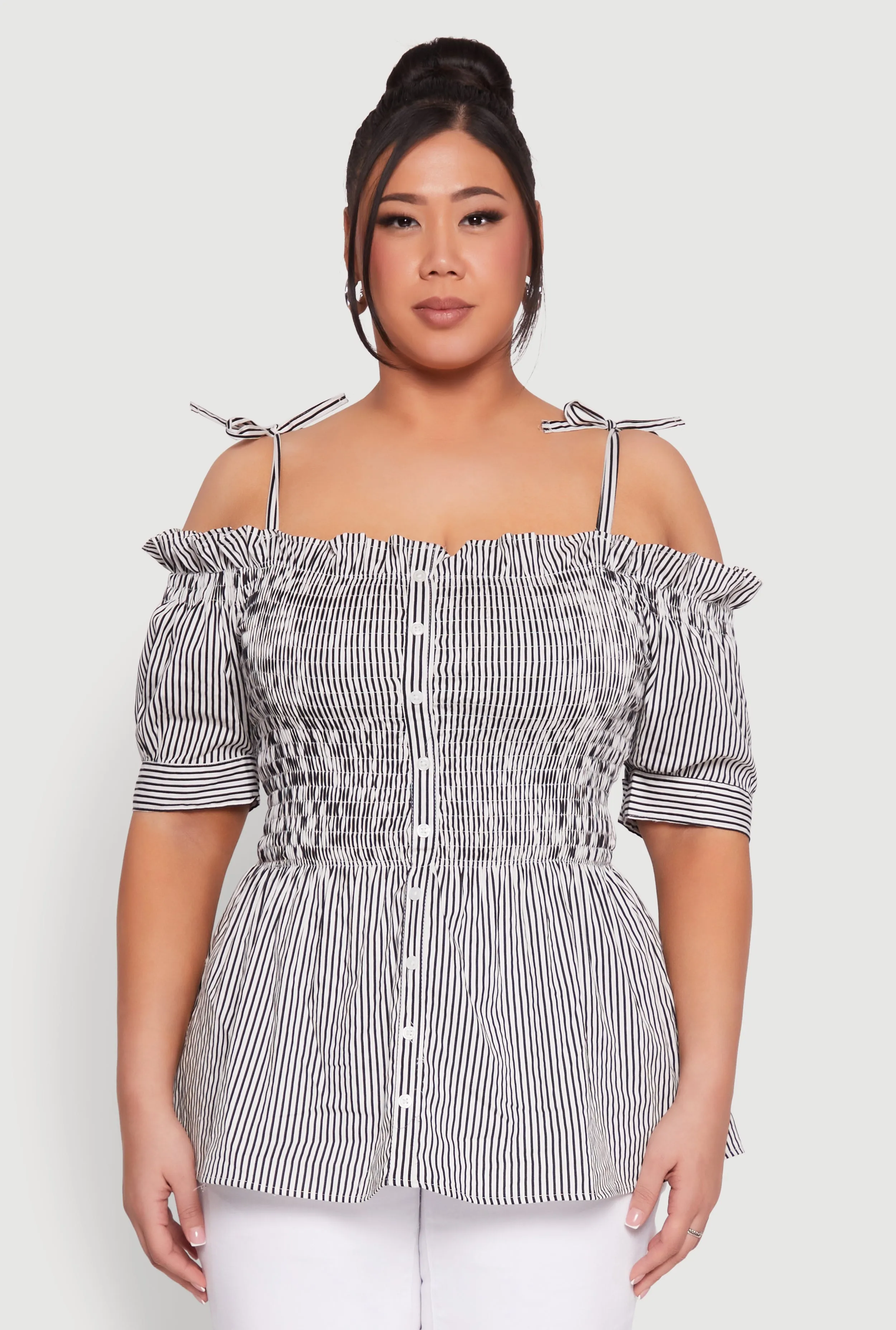 Plus Size Striped Tie Strap Cold Shoulder Blouse sold by Rainbow product image thumbnail 2