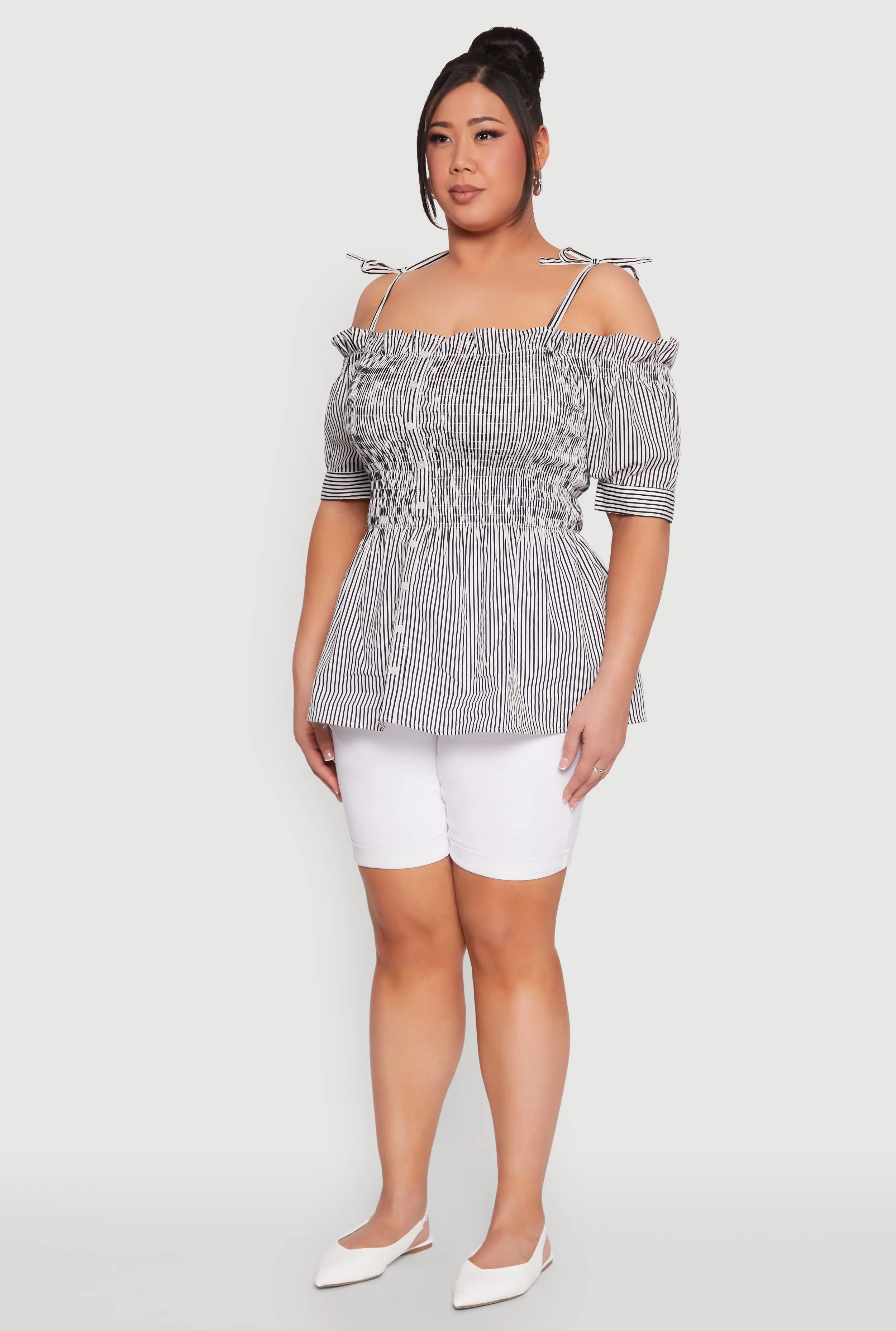 Plus Size Striped Tie Strap Cold Shoulder Blouse sold by Rainbow product image thumbnail 5