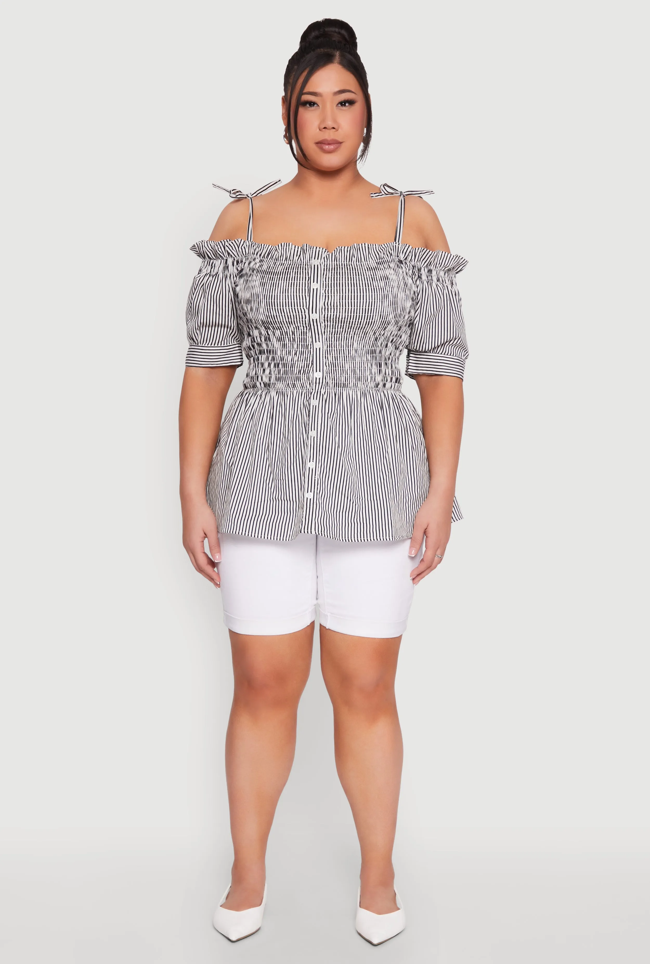 Plus Size Striped Tie Strap Cold Shoulder Blouse sold by Rainbow product image thumbnail 3