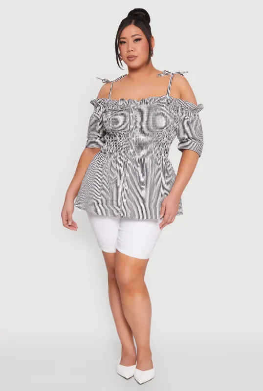 Plus Size Striped Tie Strap Cold Shoulder Blouse sold by Rainbow