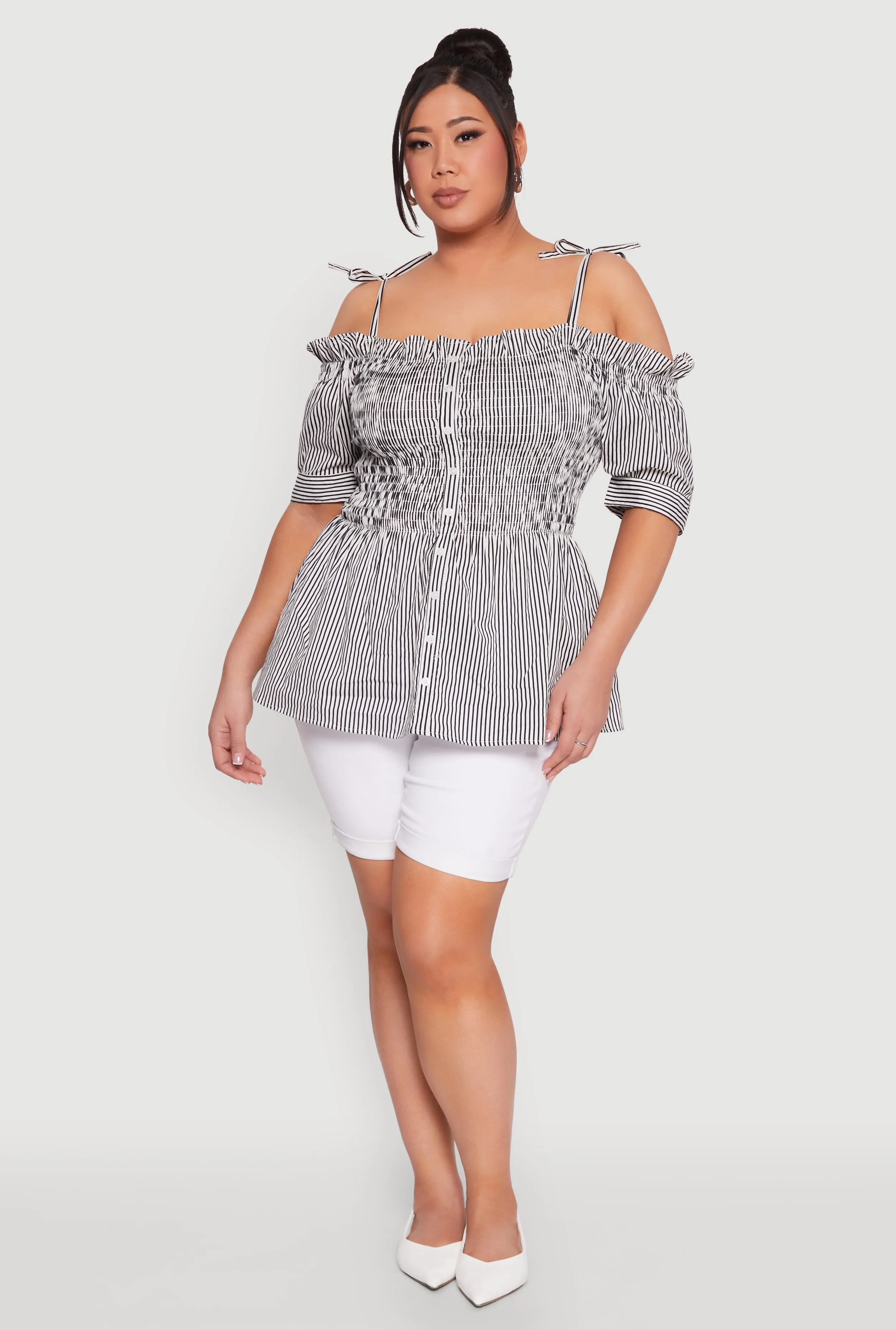 Plus Size Striped Tie Strap Cold Shoulder Blouse sold by Rainbow