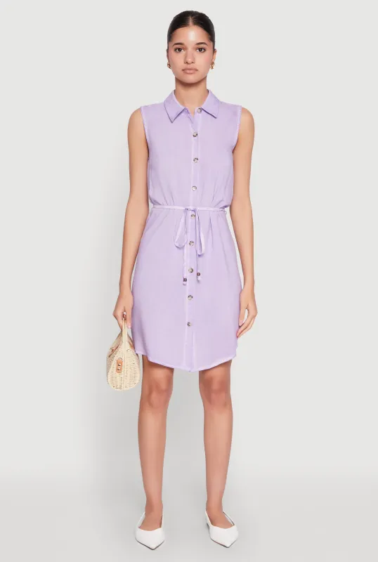 Tie Waist Belted Sleeveless Shirt Dress sold by Rainbow