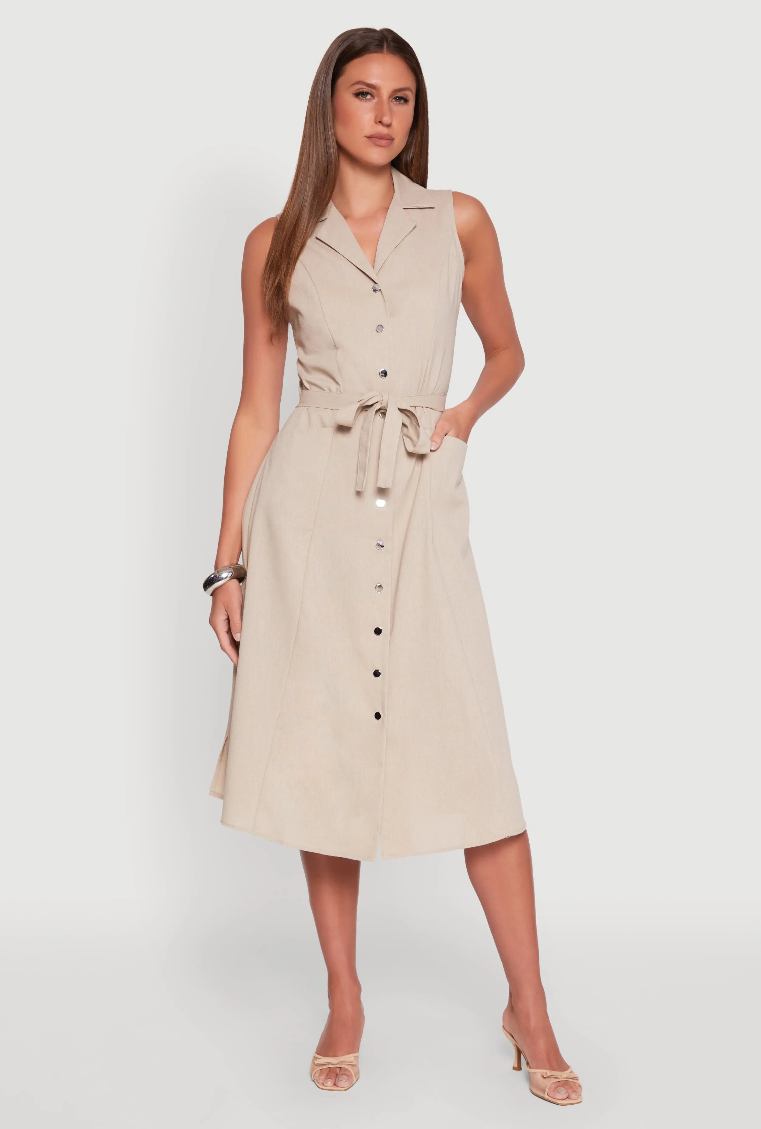 Lapel Collar Tie Waist Belted Midi Dress sold by Rainbow