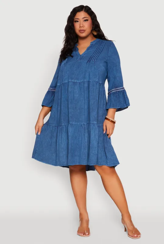 Plus Size Chambray Tiered Midi Dress sold by Rainbow