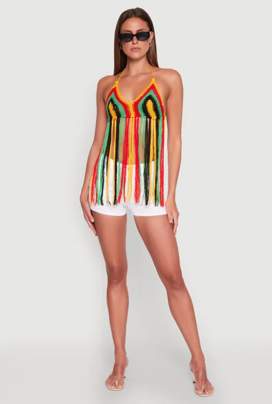 Crochet Striped Fringe Halter Top sold by Rainbow
