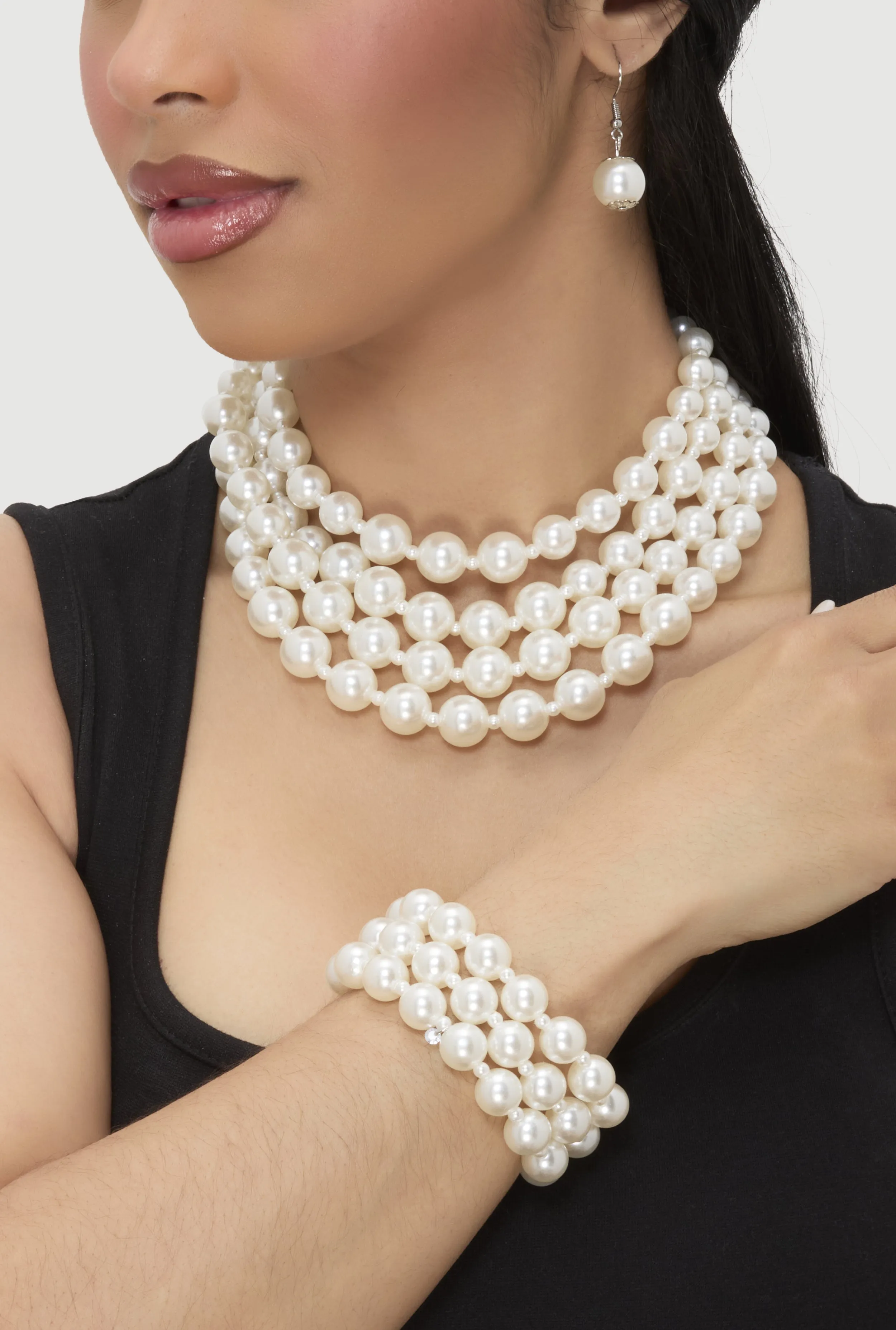 Faux Pearl Layered Choker with Drop Earrings and Stretch Bracelets sold by Rainbow product image thumbnail 2