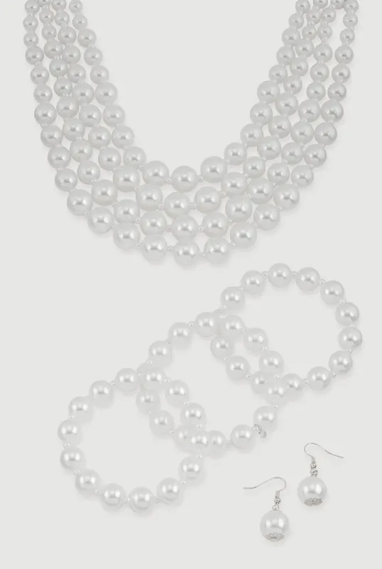 Faux Pearl Layered Choker with Drop Earrings and Stretch Bracelets sold by Rainbow