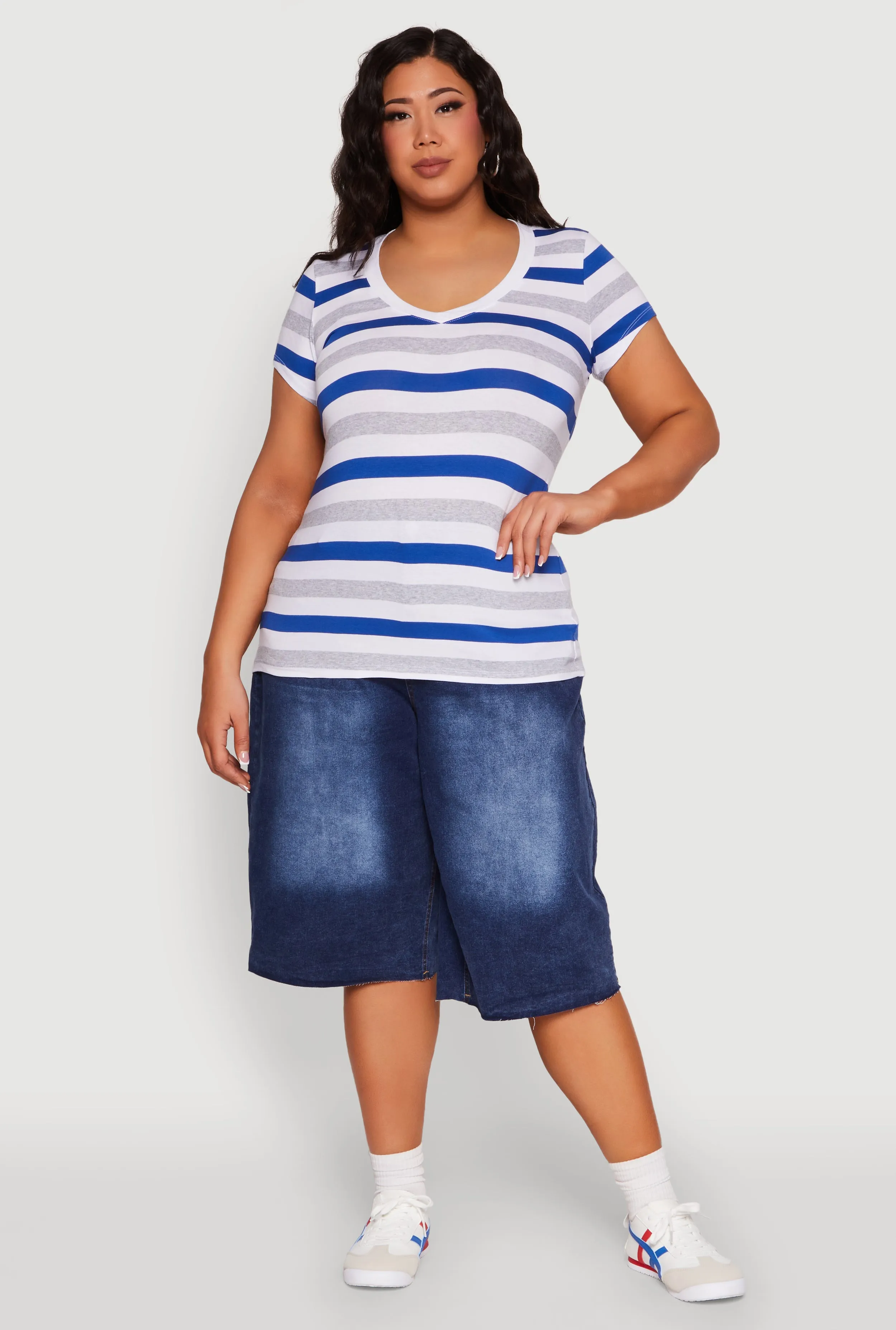 Plus Size Striped V Neck Tee sold by Rainbow
