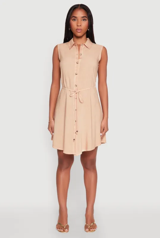Tie Waist Belted Sleeveless Shirt Dress sold by Rainbow