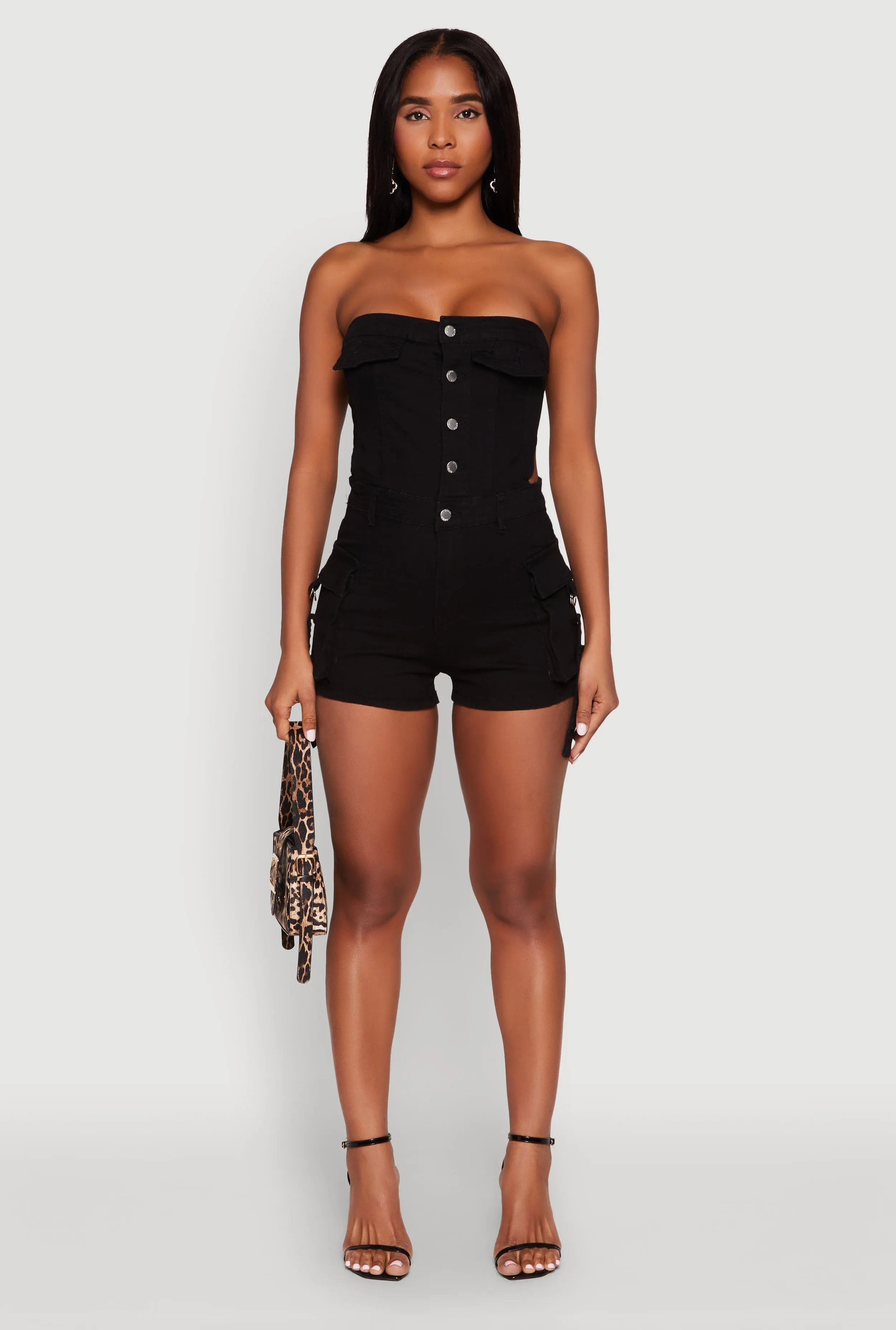 Daisy Cut Out Cargo Denim Tube Romper sold by Rainbow