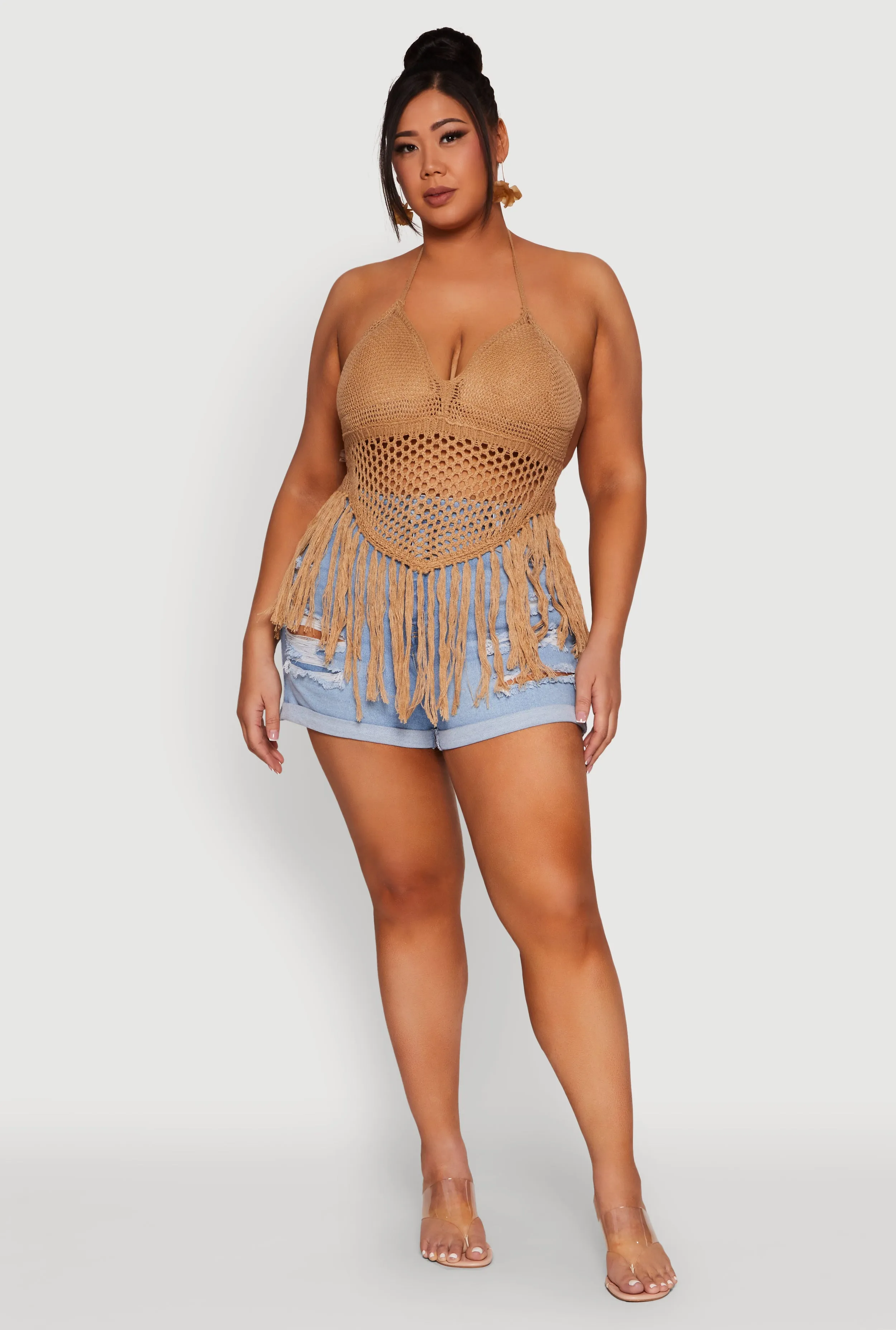 Plus Size Tie Back Crochet Fringe Halter Top sold by Rainbow