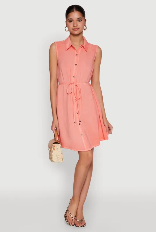 Tie Waist Belted Sleeveless Shirt Dress sold by Rainbow