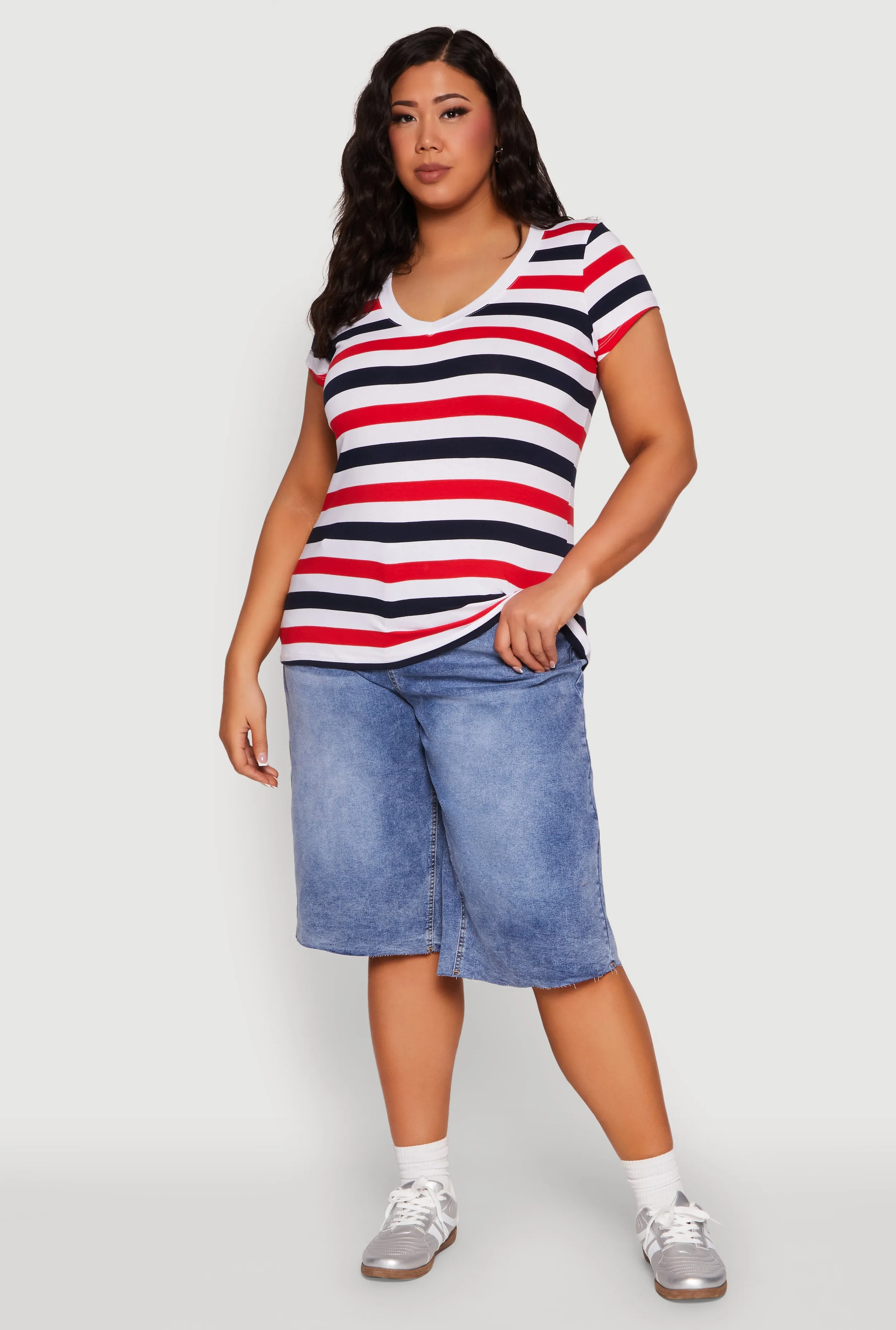Plus Size Striped V Neck Tee sold by Rainbow