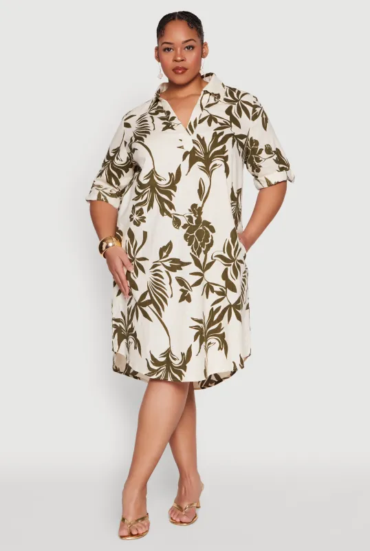 Plus Size Johnny Collar Leaf Print Dress sold by Rainbow