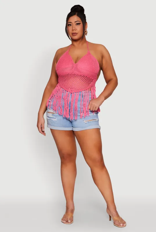 Plus Size Tie Back Crochet Fringe Halter Top sold by Rainbow