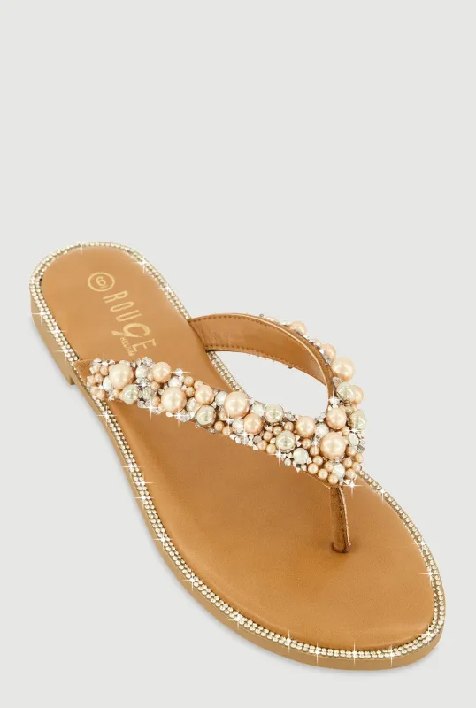 Faux Pearl Rhinestone Thong Slide Sandals sold by Rainbow