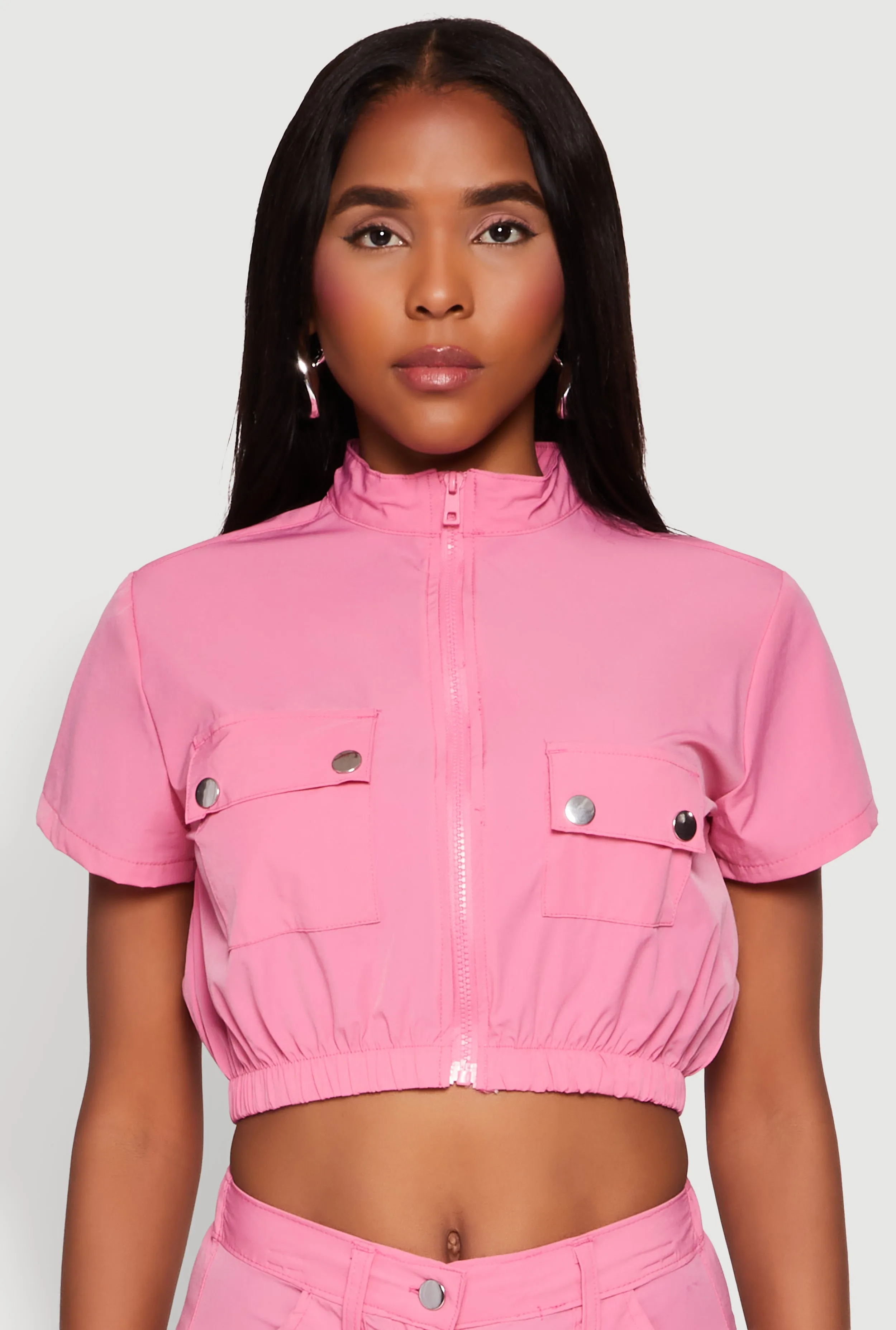 Mock Neck Cargo Pocket Crop Top sold by Rainbow