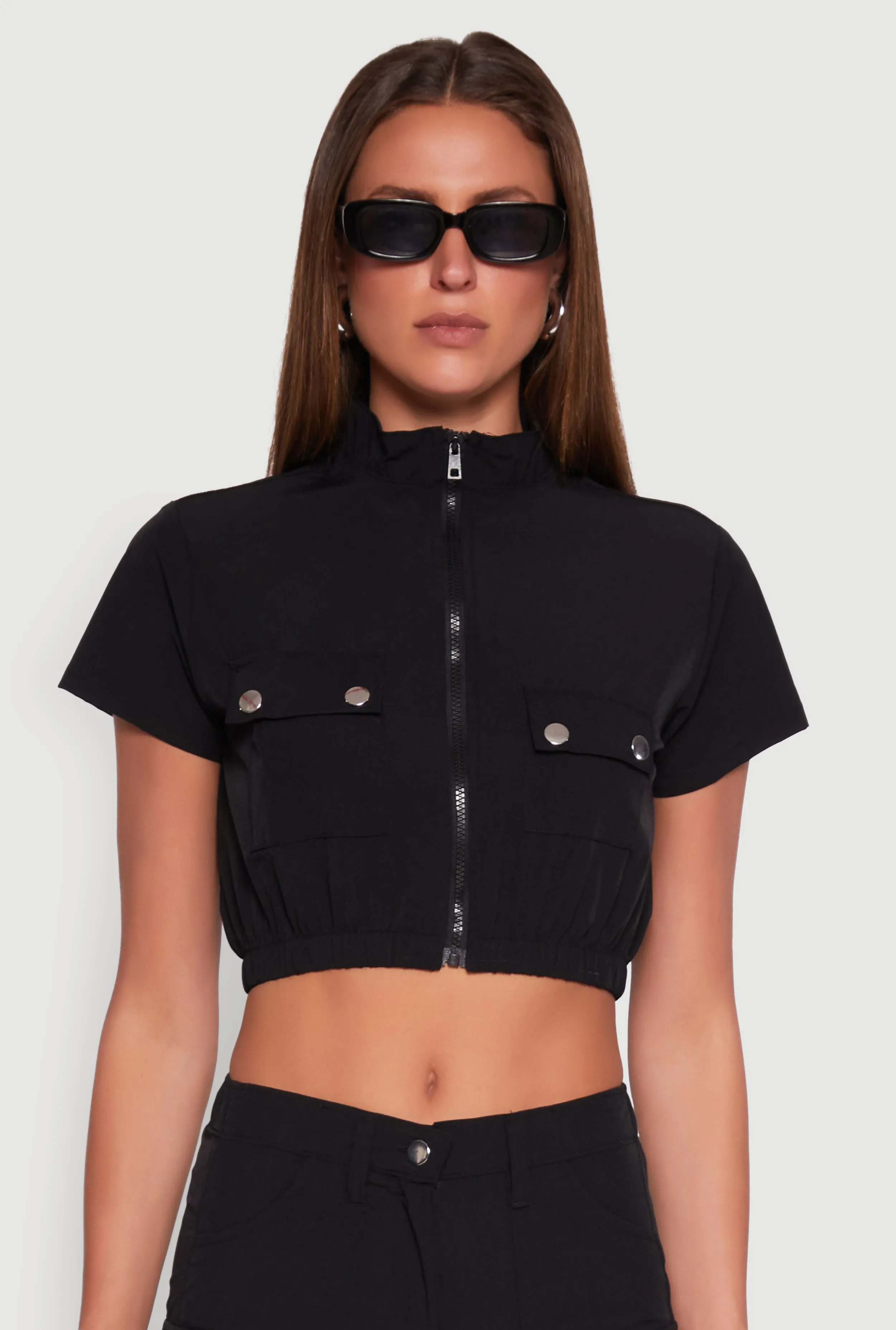 Mock Neck Cargo Pocket Crop Top sold by Rainbow