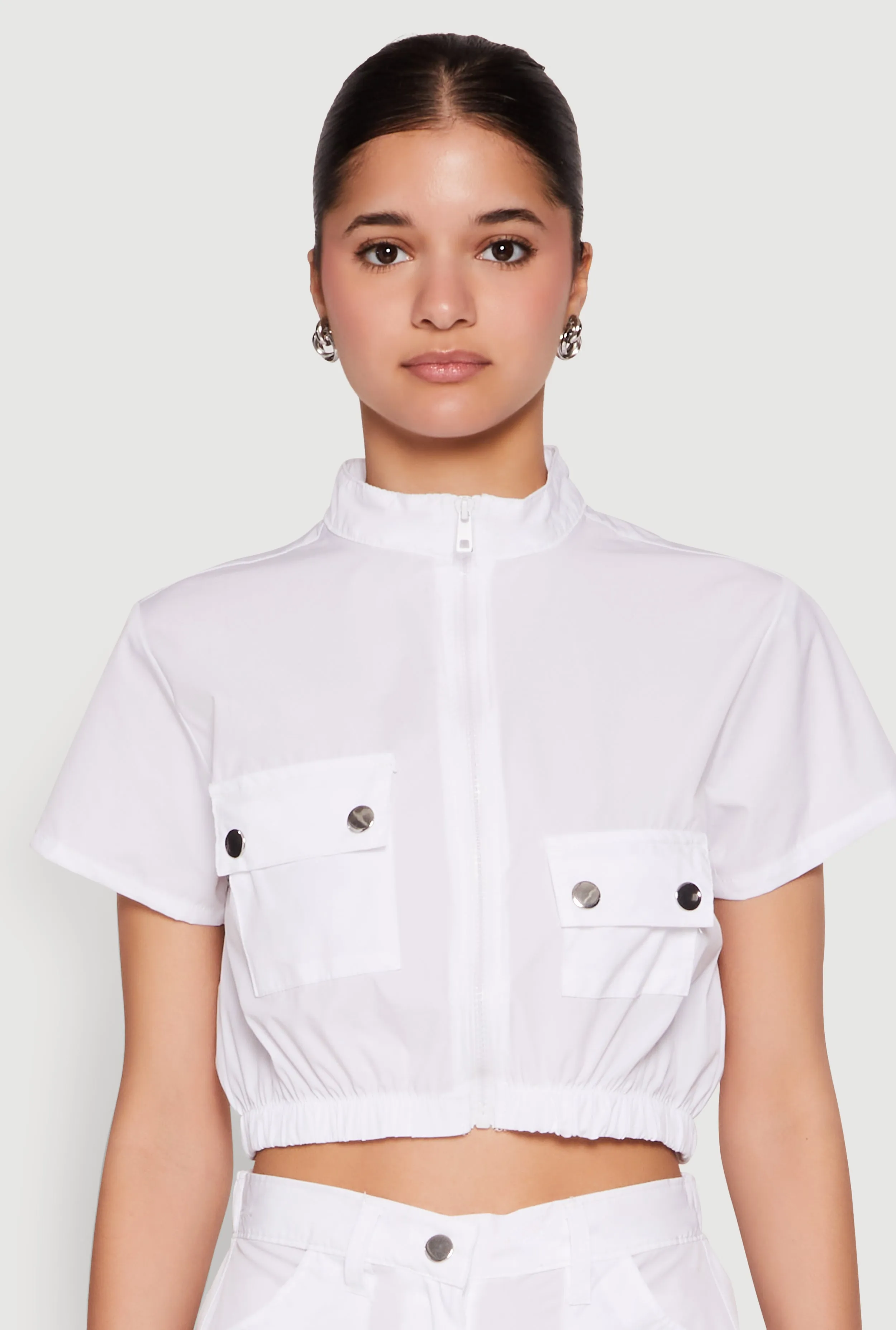 Mock Neck Cargo Pocket Crop Top sold by Rainbow